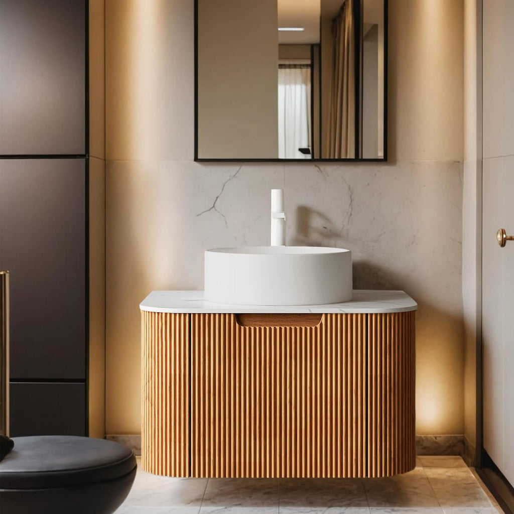 24-Inch Modern Bathroom Vanity with Sink, Floating Cabinet with Ultra-Thin Ceramic Basin and Marble Top, Extra Large Storage Drawer, Soft-Close Design, Nature Wood