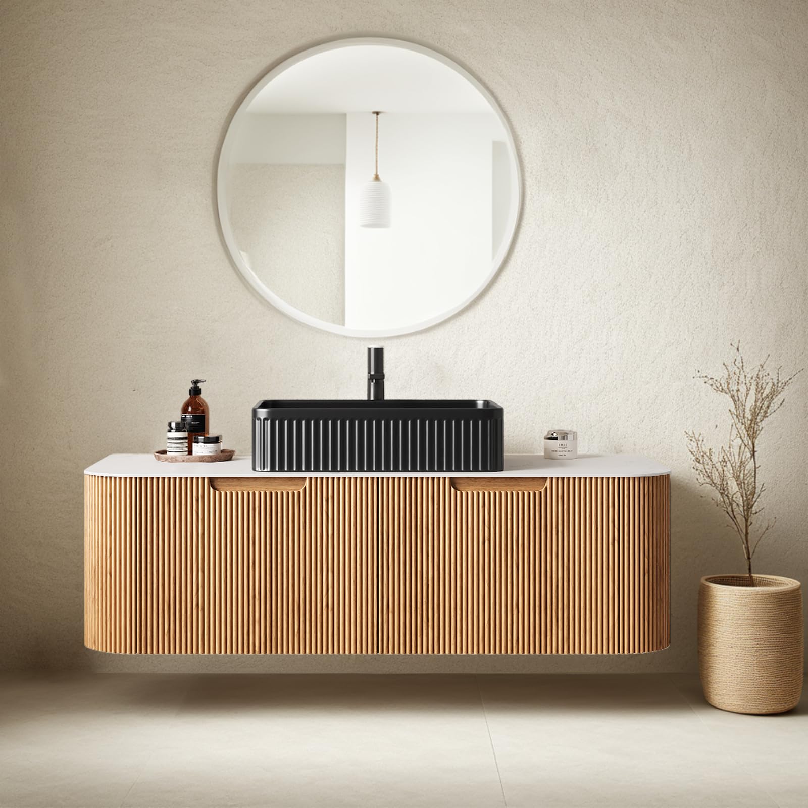 24-Inch Modern Bathroom Vanity with Sink, Floating Cabinet with Ultra-Thin Ceramic Basin and Marble Top, Extra Large Storage Drawer, Soft-Close Design, Nature Wood