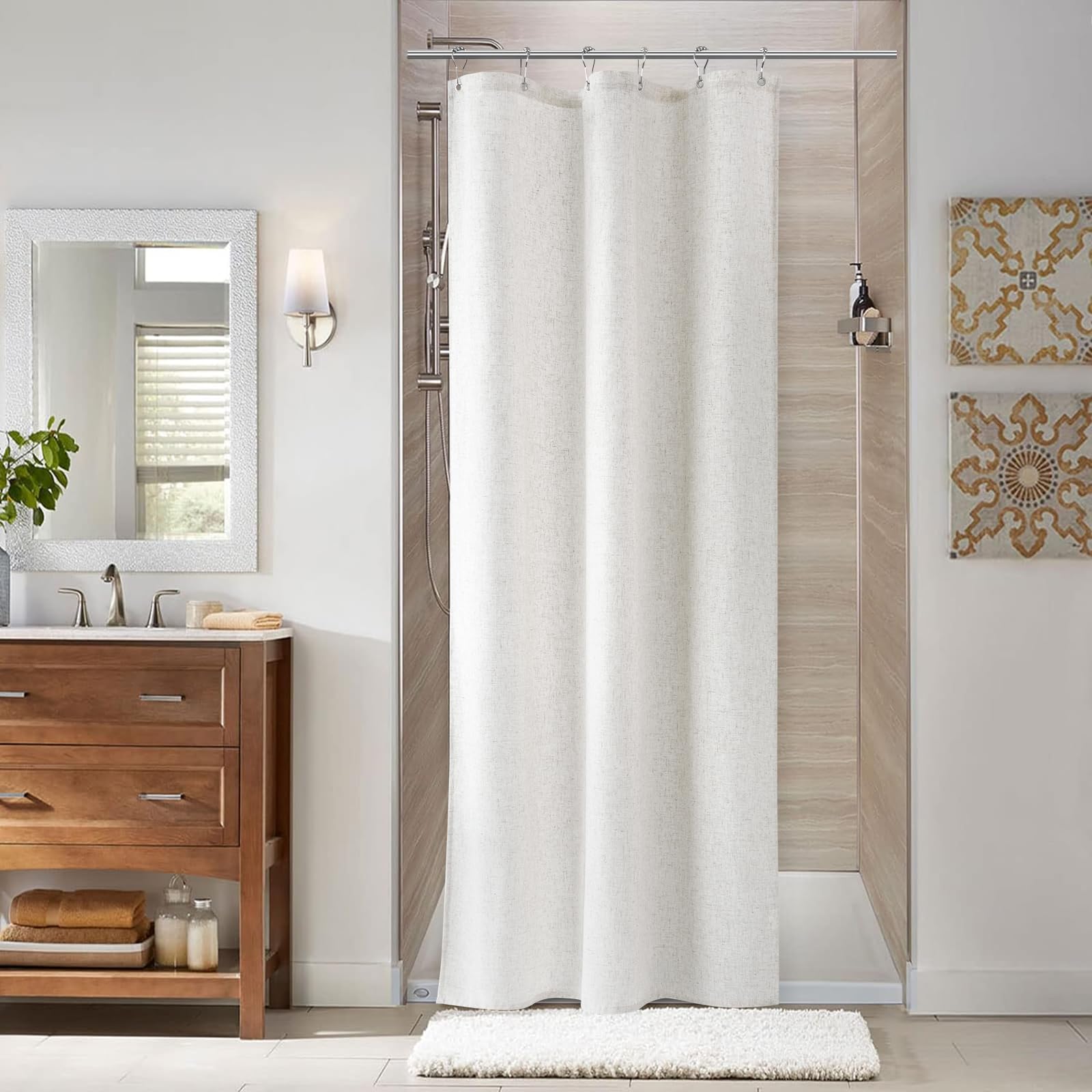Naturoom Natural Linen Shower Curtain, Country Boho Farmhouse Bath Decor Beige Shower Curtains for Bathroom Neutral Cloth Weighted Textured Fabric Bath Curtain Liner with Hooks, Cream, 72 Inch