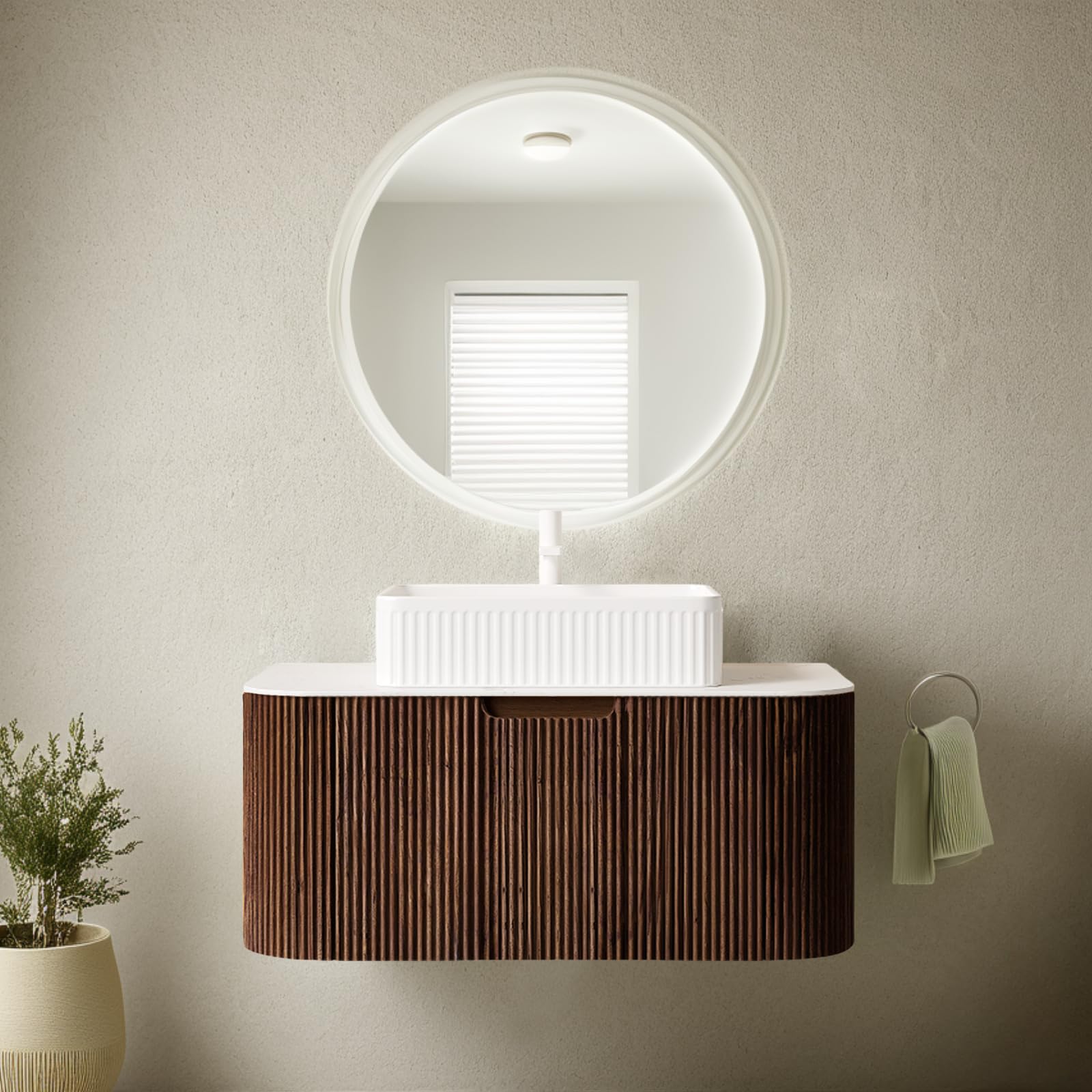 24-Inch Modern Bathroom Vanity with Sink, Floating Cabinet with Ultra-Thin Ceramic Basin and Marble Top, Extra Large Storage Drawer, Soft-Close Design, Nature Wood