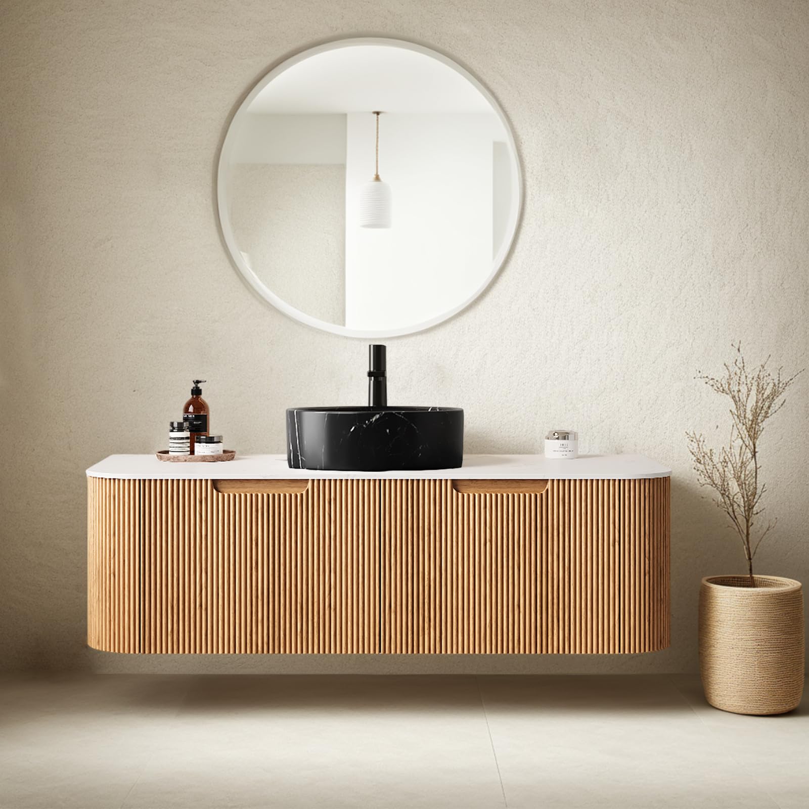 24-Inch Modern Bathroom Vanity with Sink, Floating Cabinet with Ultra-Thin Ceramic Basin and Marble Top, Extra Large Storage Drawer, Soft-Close Design, Nature Wood