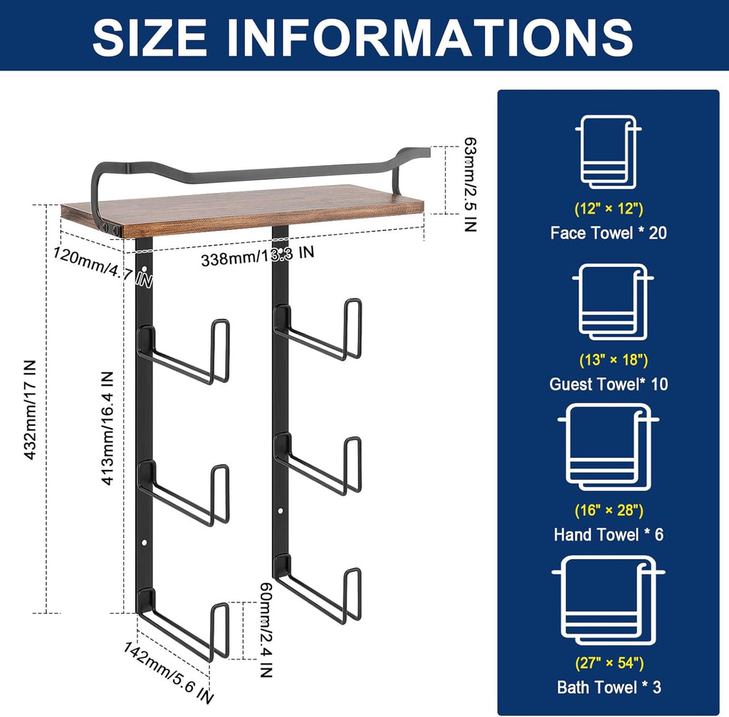 NearMoon Towel Rack with Wooden Shelf, All Metal Rustproof Towel Organizer Holder for Bathroom Storage, Wall Mounted (1 Pack, Matte Black)