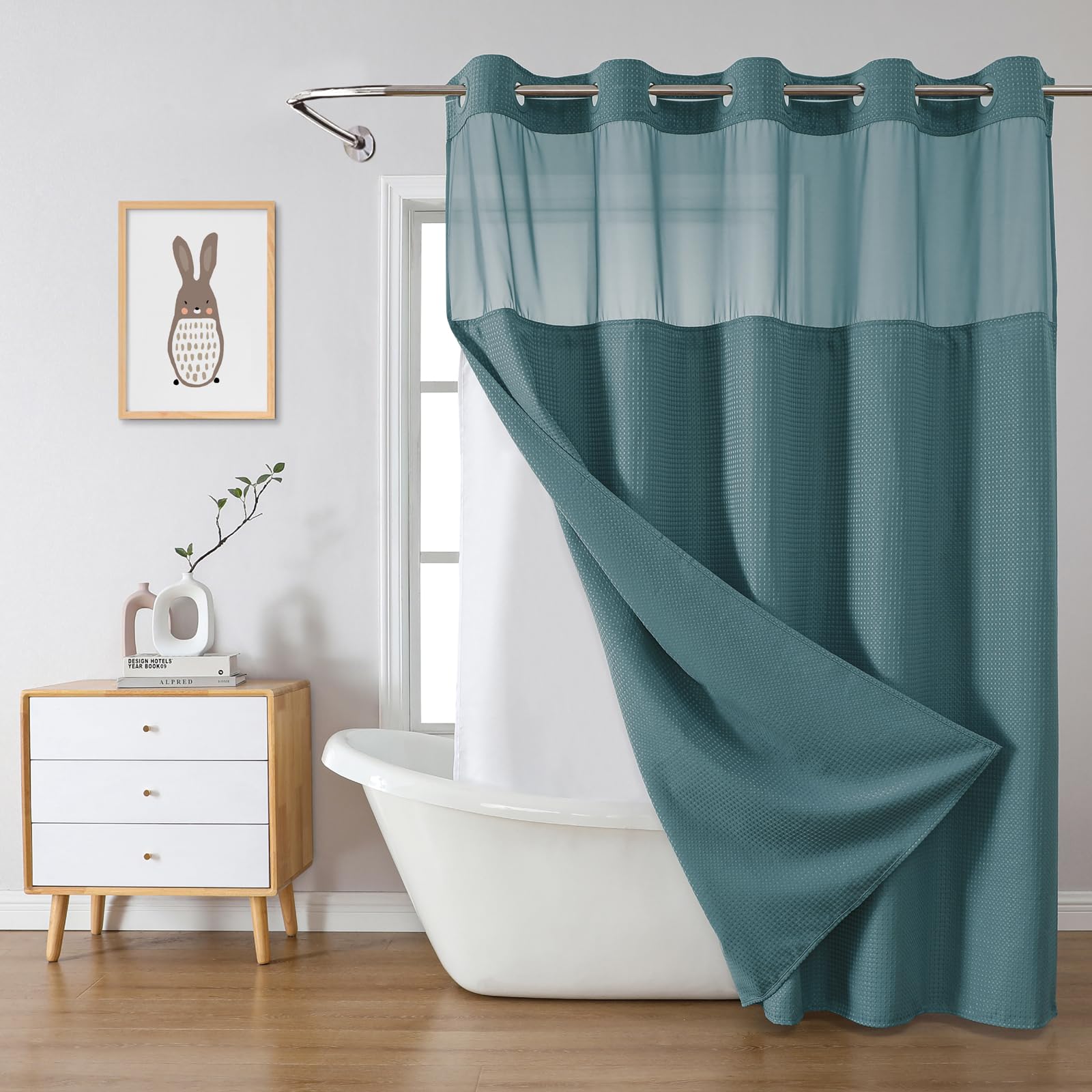 eachope BurntOrange Extra Long No Hook Waffle Weave Shower Curtain with snap-in Liner Replacement, 230GSM Waterproof Fabric Hotel Shower Curtain Set for Bathroom, Through Mesh Top Window,71Wx86H