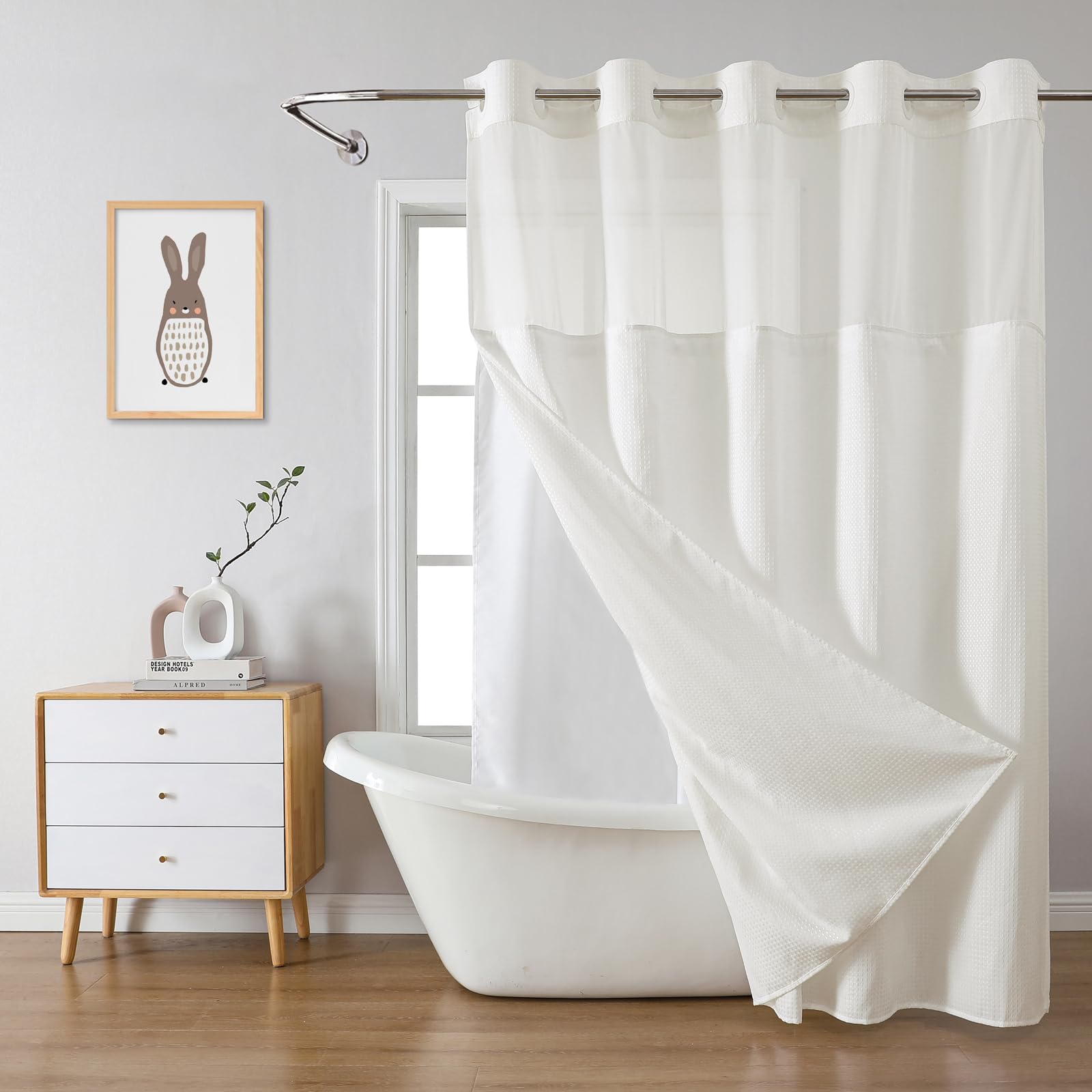 eachope BurntOrange Extra Long No Hook Waffle Weave Shower Curtain with snap-in Liner Replacement, 230GSM Waterproof Fabric Hotel Shower Curtain Set for Bathroom, Through Mesh Top Window,71Wx86H