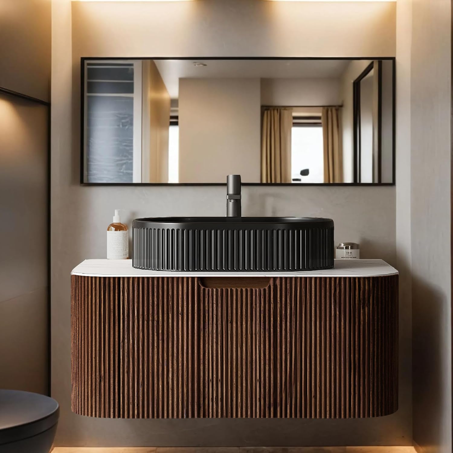 24-Inch Modern Bathroom Vanity with Sink, Floating Cabinet with Ultra-Thin Ceramic Basin and Marble Top, Extra Large Storage Drawer, Soft-Close Design, Nature Wood