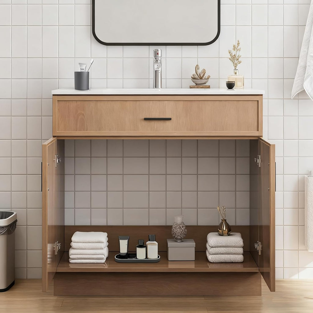 36 Inch Modern Bathroom Vanity with Sink, Natural wood color Freestanding Vanity for Floor Standing Storage and White Ceramic Basin (36")