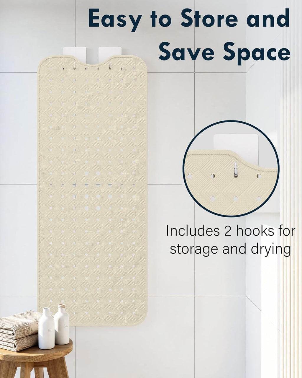 Bathtub Mat Non Slip with 2 Hooks, 40"x16" Extra Large Bath mat for Tub & Shower, Anti Slip, Machine Washable, Soft & Comfortable for Families, Sand