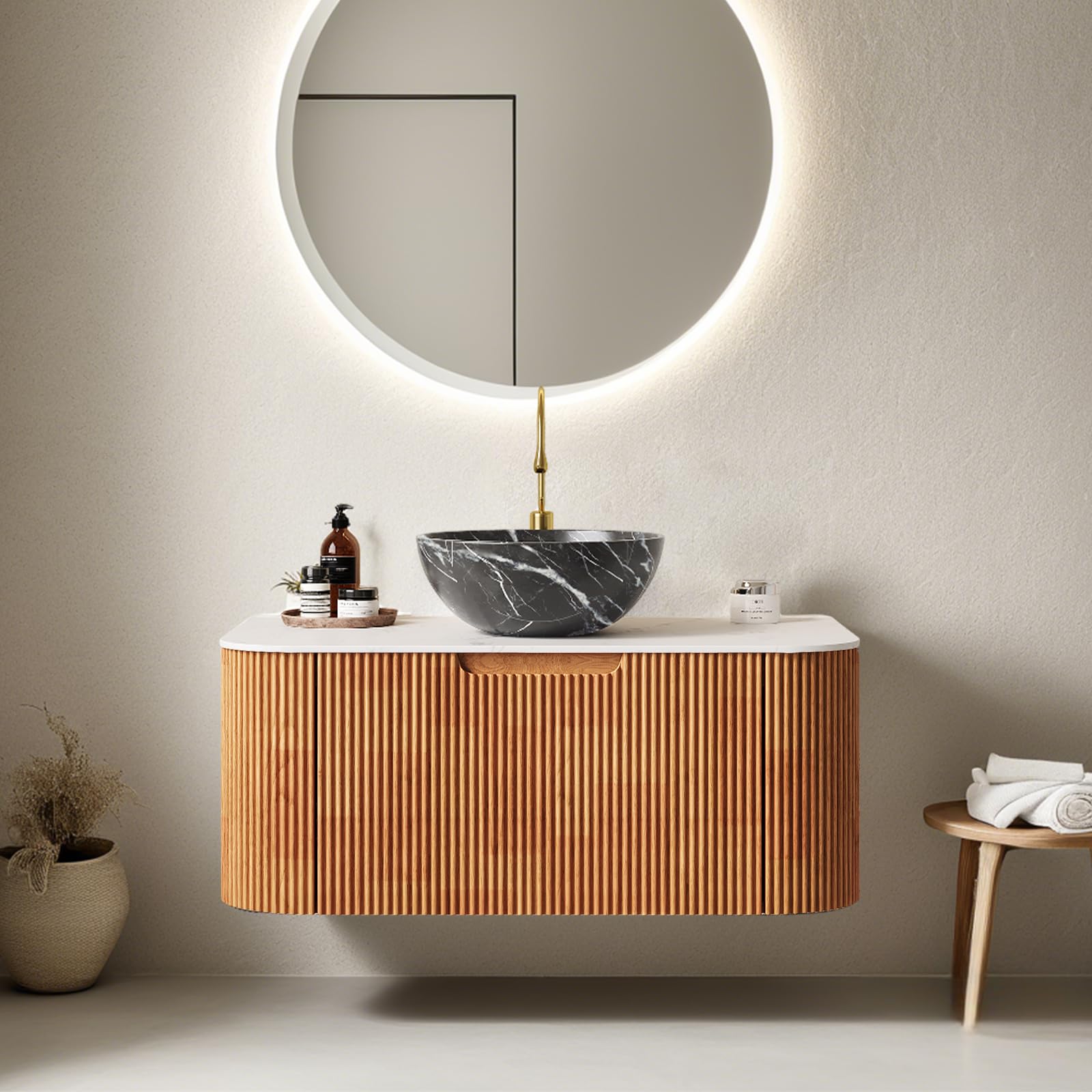 24-Inch Modern Bathroom Vanity with Sink, Floating Cabinet with Ultra-Thin Ceramic Basin and Marble Top, Extra Large Storage Drawer, Soft-Close Design, Nature Wood