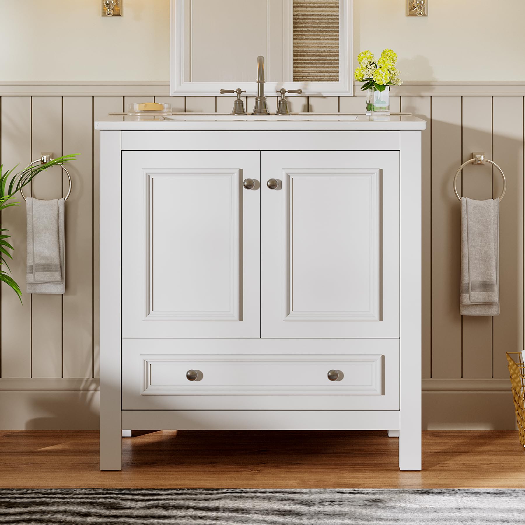 Tribesigns 30" Modern Bathroom Vanity with Sink, Freestanding Bathroom Vanities Cabinet with Ceramic Basin Combo, Bathroom Sink Cabinet with 2 Doors and 1 Drawer, Solid Wooden Frame, Olive Green