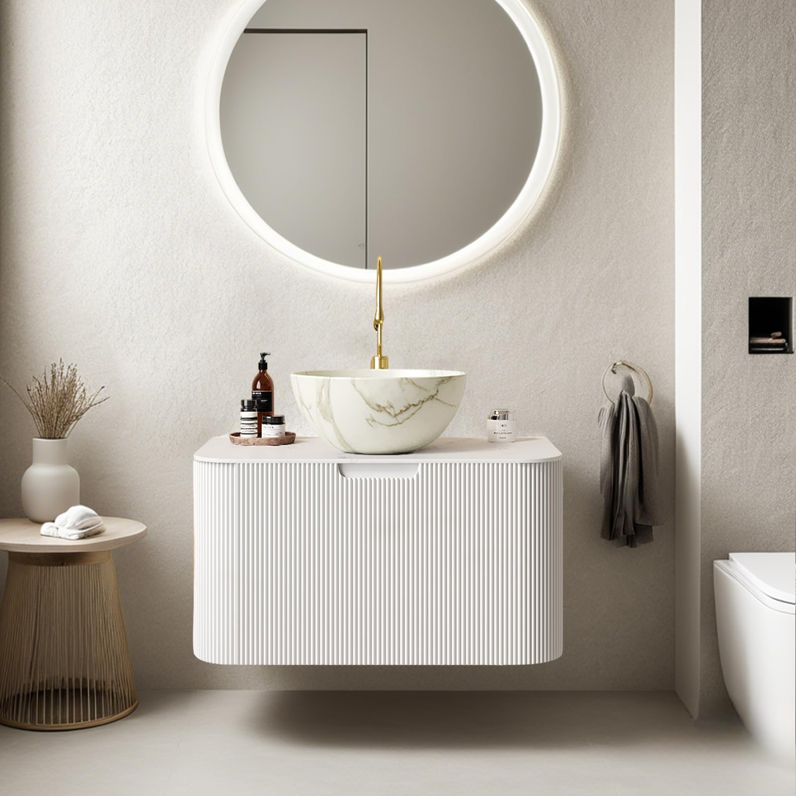24-Inch Modern Bathroom Vanity with Sink, Floating Cabinet with Ultra-Thin Ceramic Basin and Marble Top, Extra Large Storage Drawer, Soft-Close Design, Nature Wood