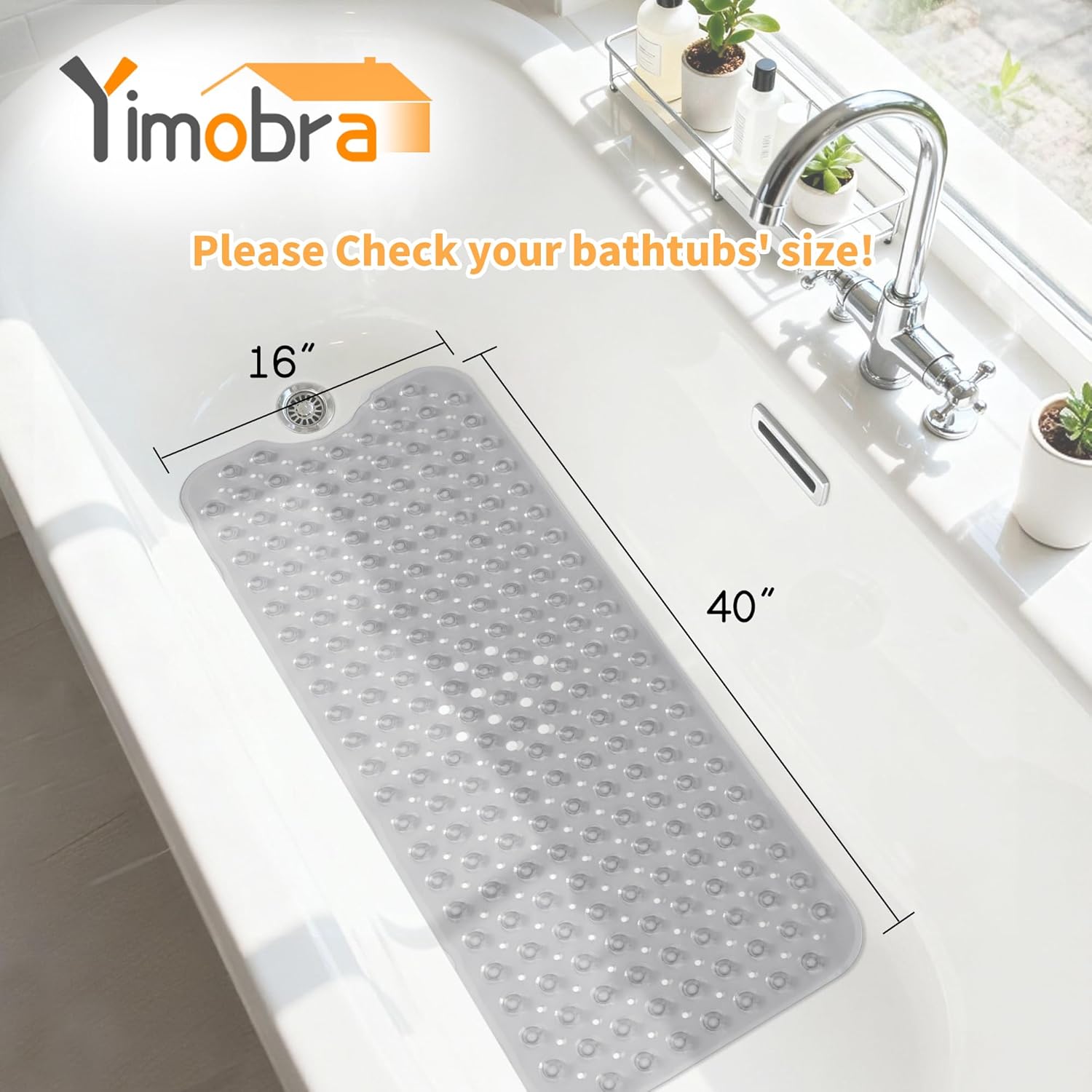 Yimobra Non Slip Bathtub Mat 40"x16", Super Strong Suction Cups, Extra Long Shower Mat with Drain Holes, Machine Washable Fast Draining Bathroom Floor Mat, Clear Grey