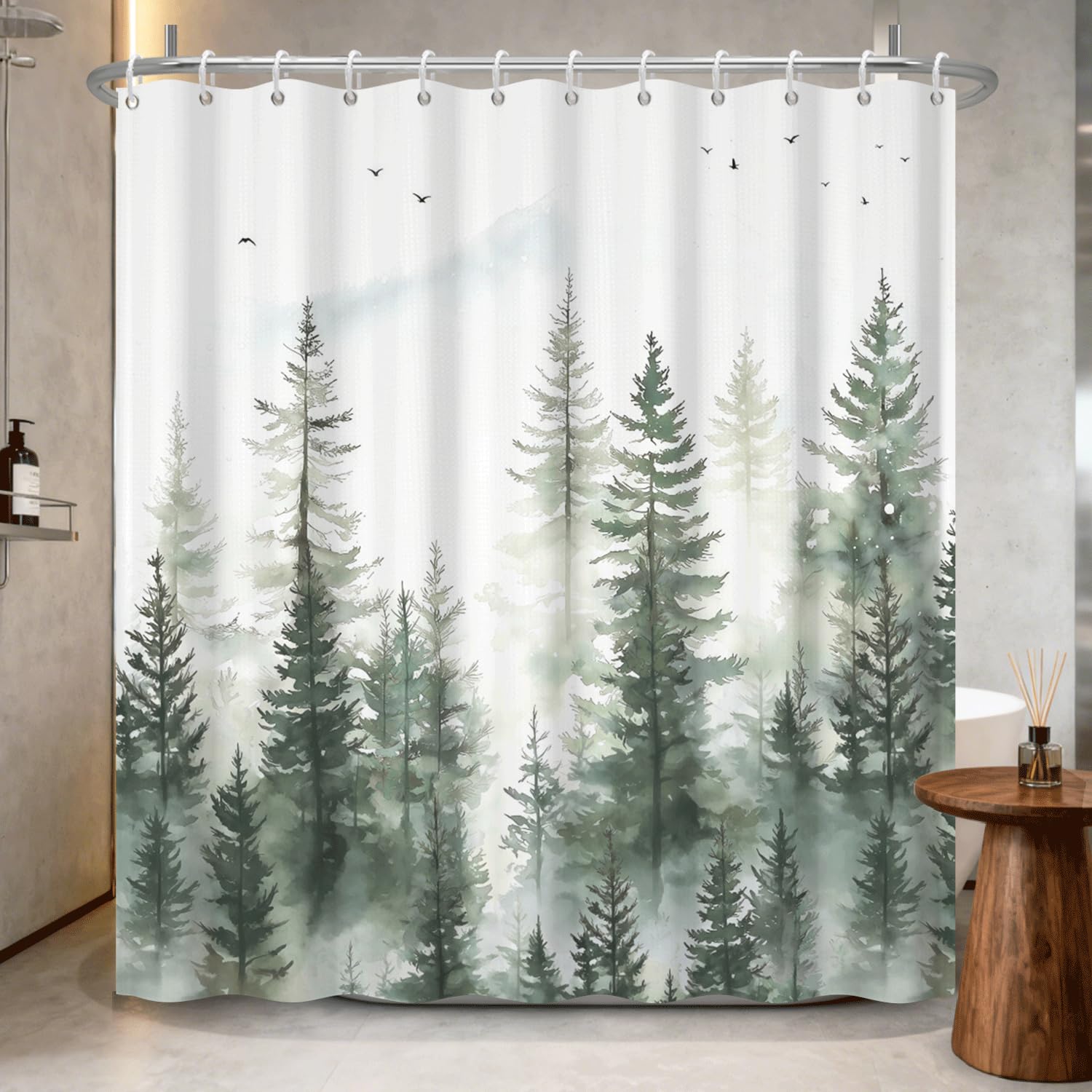 Mountain Landscape Shower Curtain with Hooks, Zen Inspired Design with Birds & Scenic Path, Waterproof Fabric Bath Curtain for Nature Lovers Bathroom Decor, 71x74 Inch