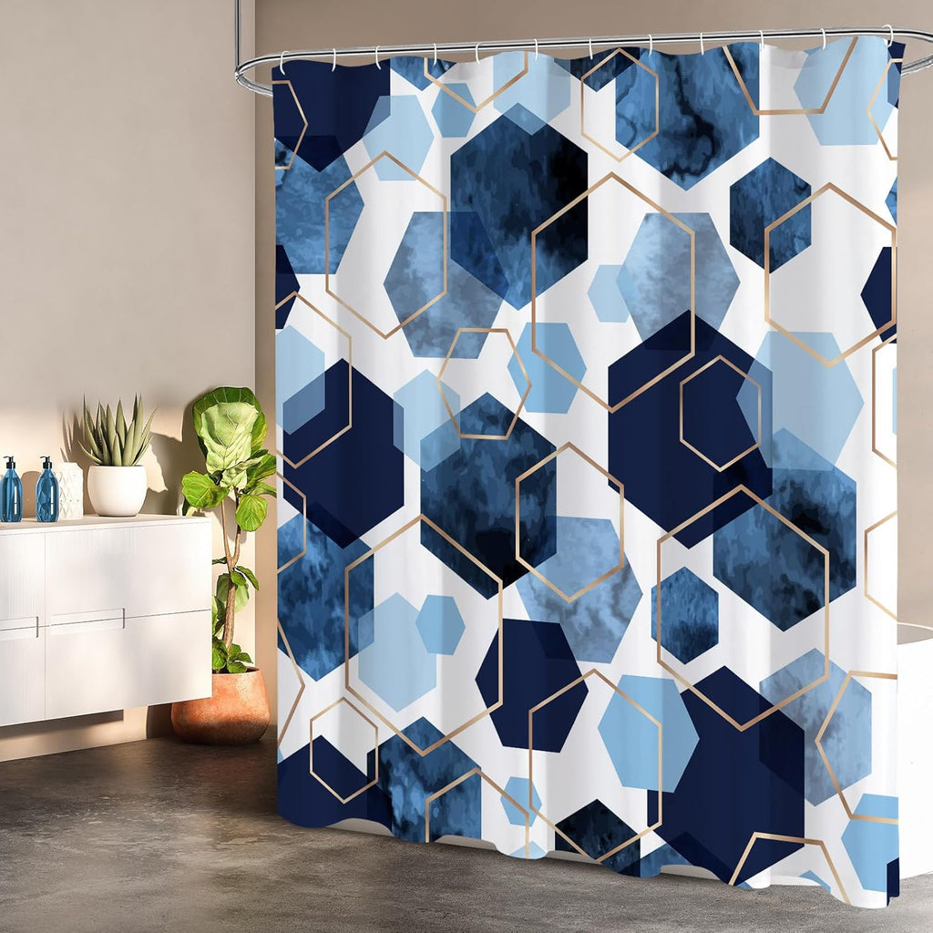 Litabel Blue Shower Curtain Set, Modern Geometric Art Decor Waterproof Bath Curtain, Abstract Fabric Shower Curtain for Bathroom, 72x72 Inch