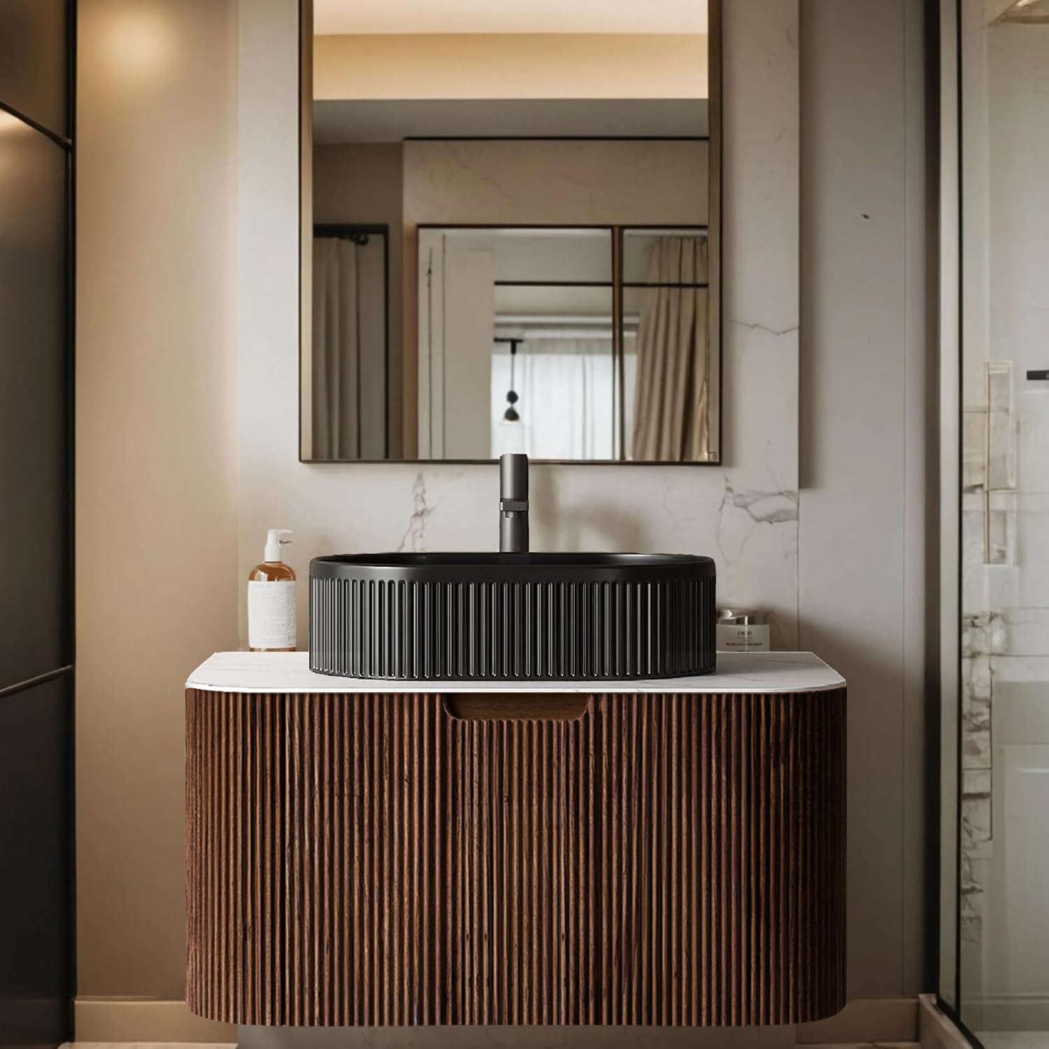 24-Inch Modern Bathroom Vanity with Sink, Floating Cabinet with Ultra-Thin Ceramic Basin and Marble Top, Extra Large Storage Drawer, Soft-Close Design, Nature Wood