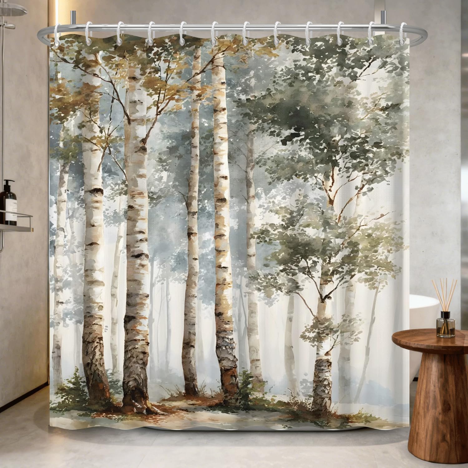 Birch Tree Shower Curtain 71x74 Inch – Woodland Forest Watercolor Landscape Print Waterproof Bathroom Curtain with Rust-Proof Hooks for Farmhouse Rustic Scandinavian Bath Decor