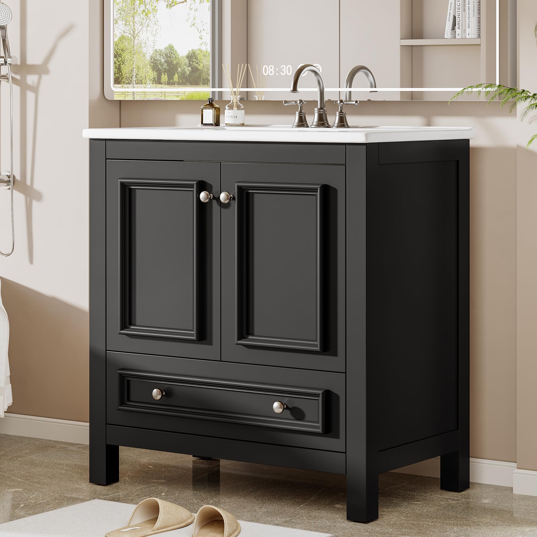 Tribesigns 30" Modern Bathroom Vanity with Sink, Freestanding Bathroom Vanities Cabinet with Ceramic Basin Combo, Bathroom Sink Cabinet with 2 Doors and 1 Drawer, Solid Wooden Frame, Olive Green
