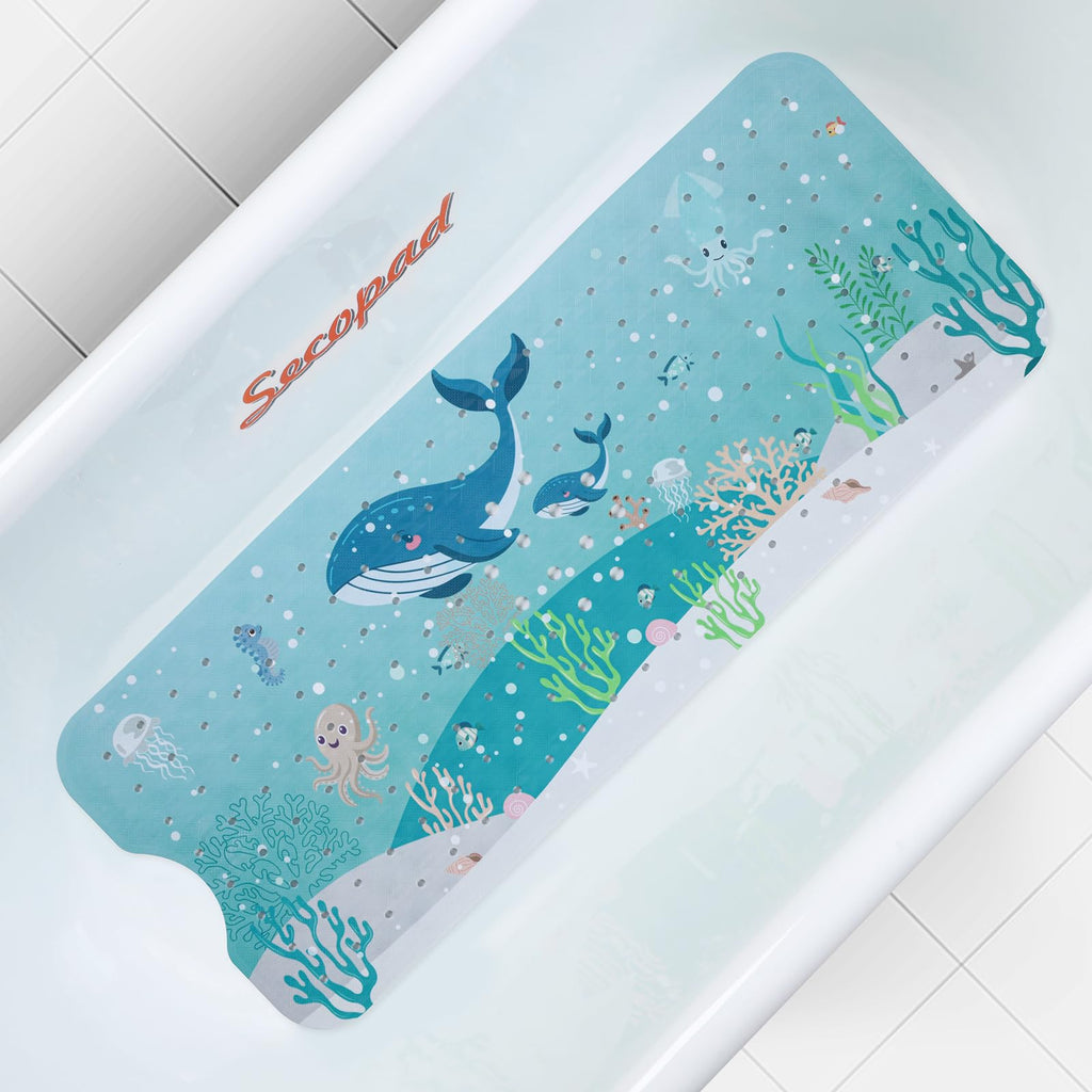 Secopad Bath Mat for Tub Non Slip, Machine Washable Anti-Slip Cartoon Baby Bathtub Shower Mat with Drain Holes and Suction Cups for Toddler & Kids (40 Inch x 16 Inch-Rectangular, Turtles)