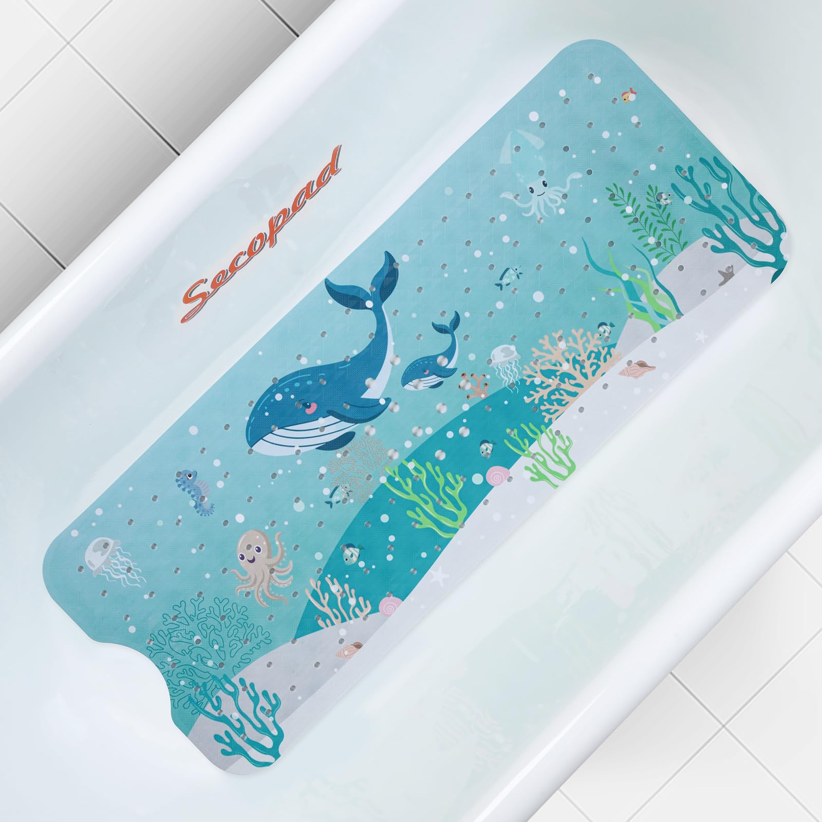 Secopad Bath Mat for Tub Non Slip, Machine Washable Anti-Slip Cartoon Baby Bathtub Shower Mat with Drain Holes and Suction Cups for Toddler & Kids (40 Inch x 16 Inch-Rectangular, Turtles)