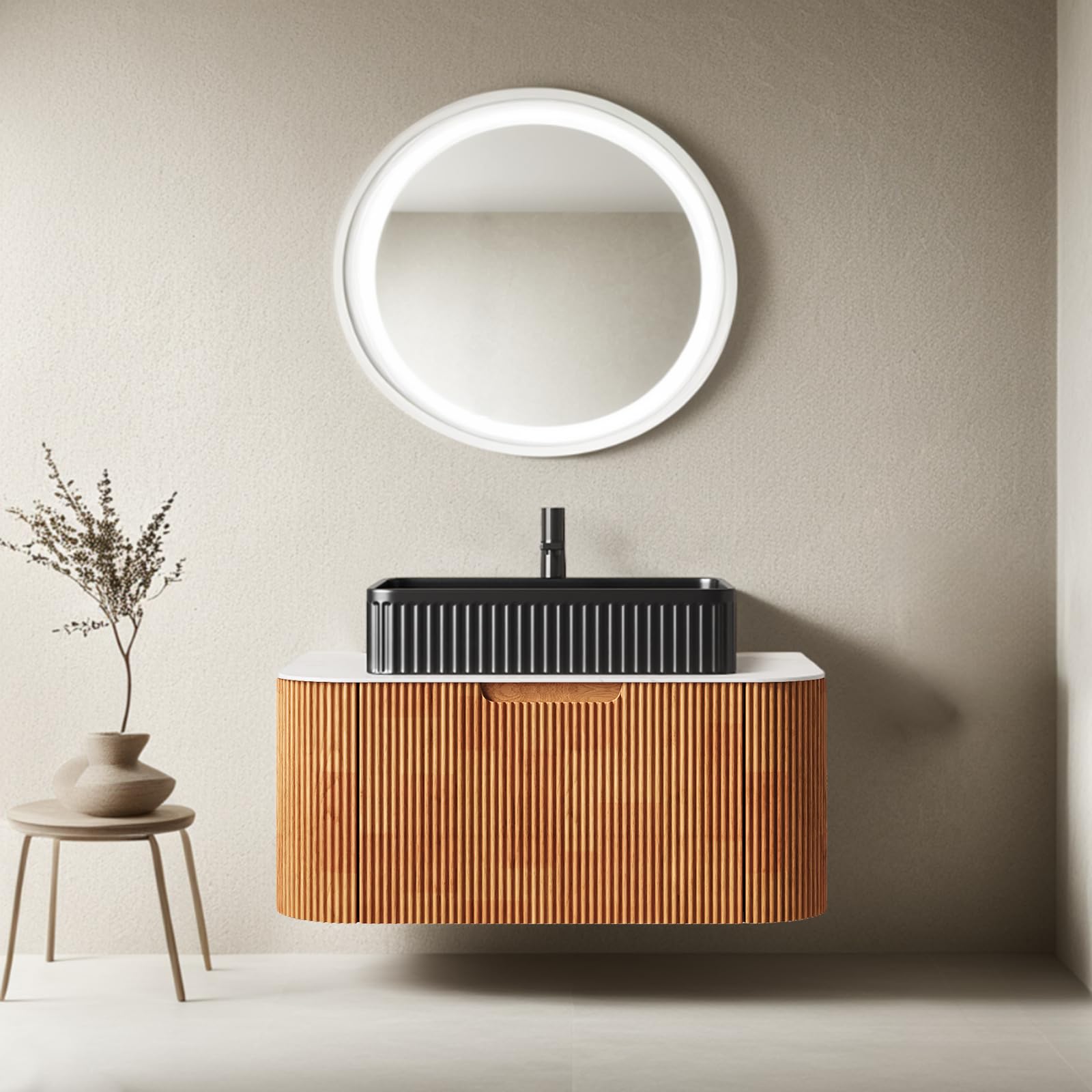 24-Inch Modern Bathroom Vanity with Sink, Floating Cabinet with Ultra-Thin Ceramic Basin and Marble Top, Extra Large Storage Drawer, Soft-Close Design, Nature Wood
