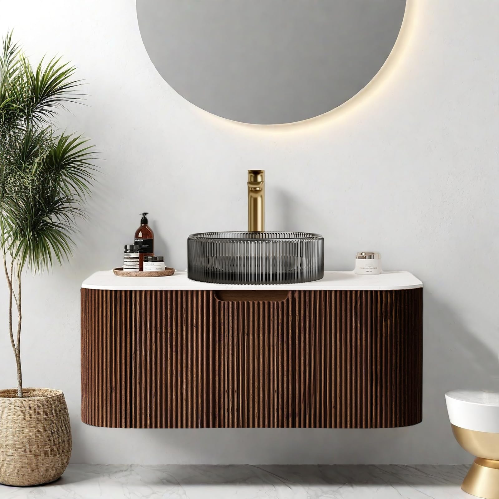 24-Inch Modern Bathroom Vanity with Sink, Floating Cabinet with Ultra-Thin Ceramic Basin and Marble Top, Extra Large Storage Drawer, Soft-Close Design, Nature Wood