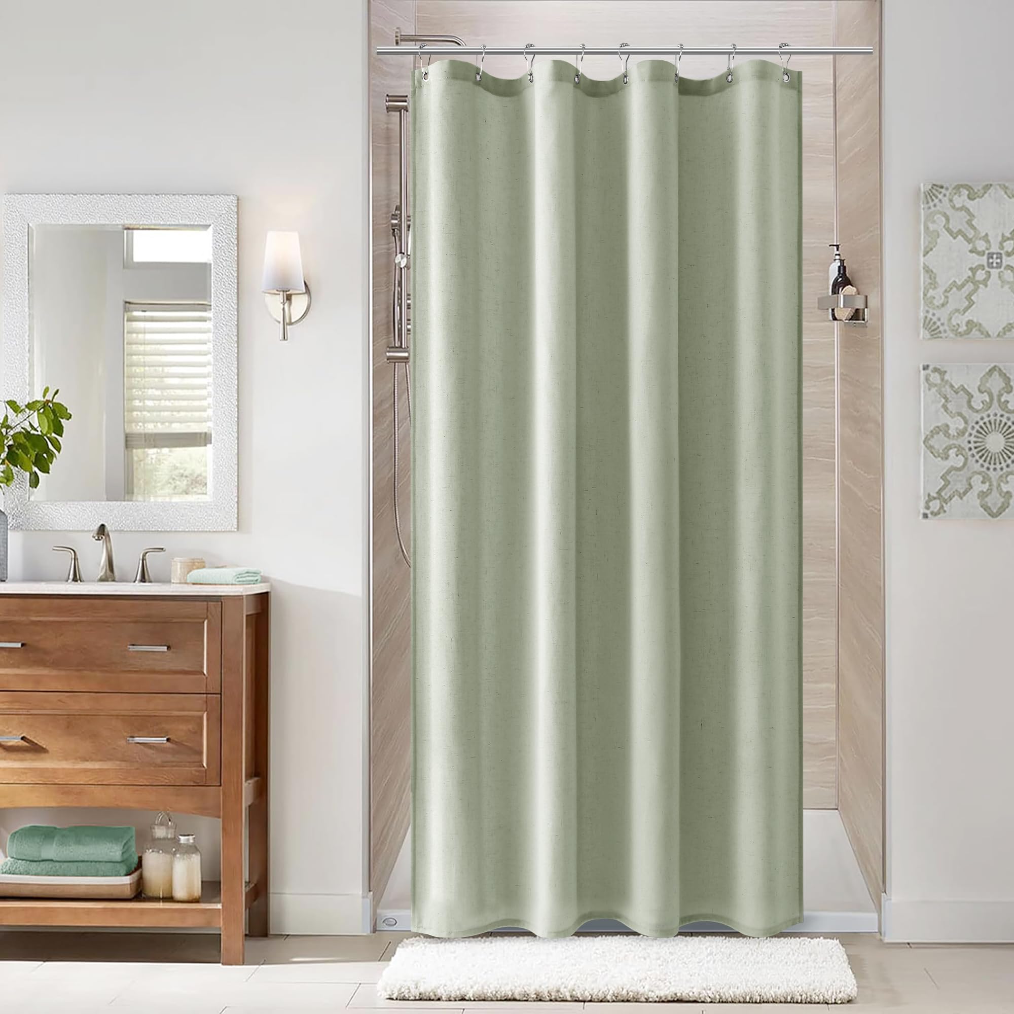 Naturoom Natural Linen Shower Curtain, Country Boho Farmhouse Bath Decor Beige Shower Curtains for Bathroom Neutral Cloth Weighted Textured Fabric Bath Curtain Liner with Hooks, Cream, 72 Inch