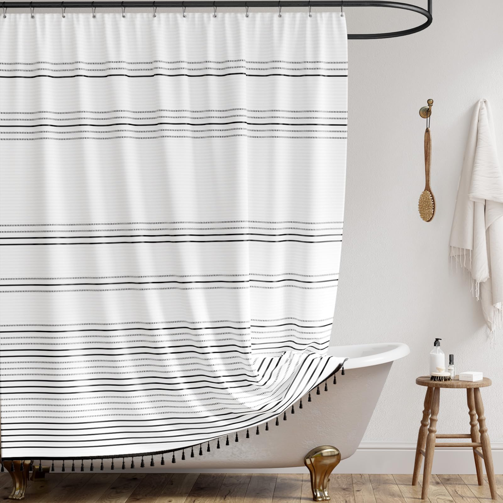 jinchan Black and White Shower Curtain for Bathroom Modern Farmhouse Striped Waterproof Fabric Shower Curtain Set with 12 Hooks Machine Washable 70x72 Inches