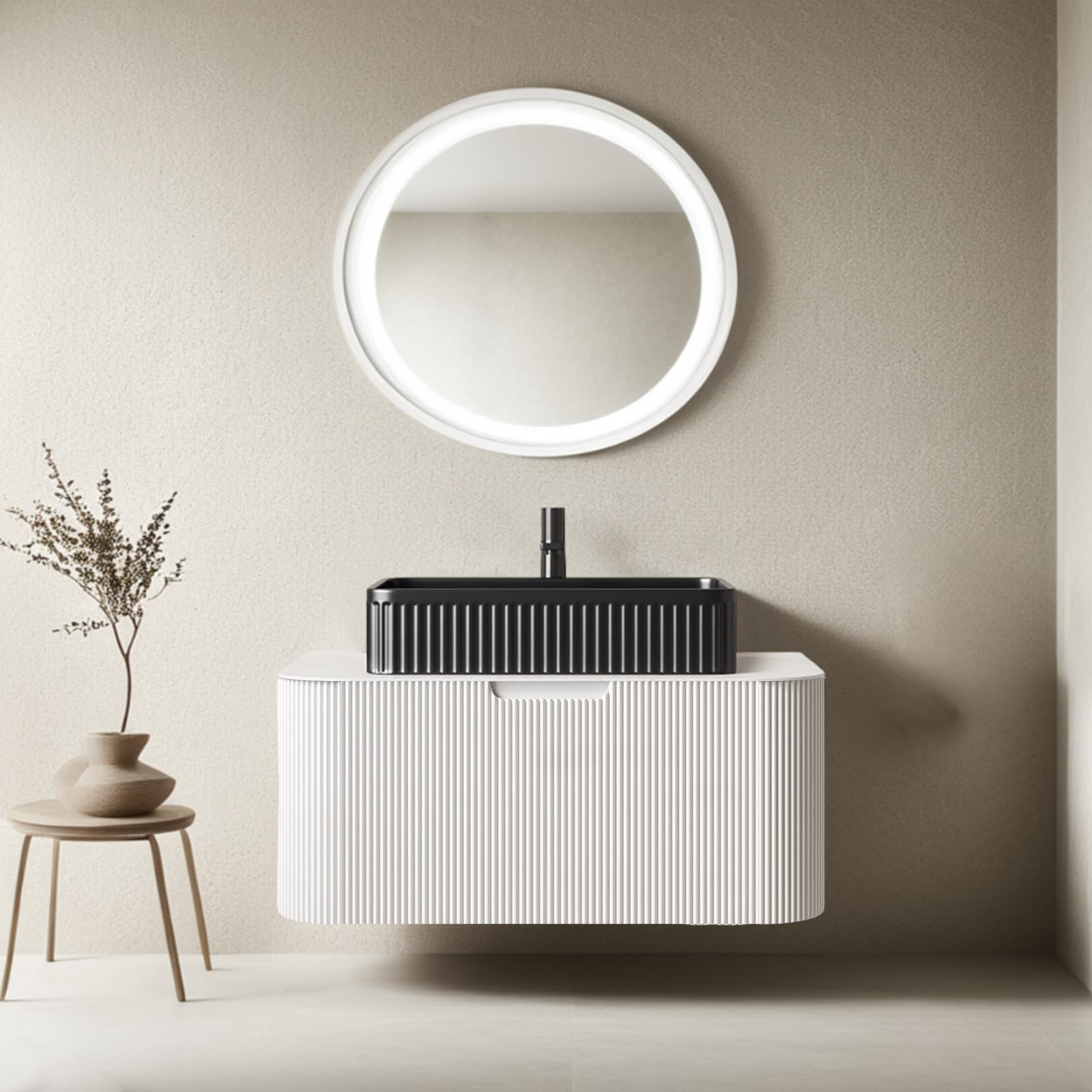 24-Inch Modern Bathroom Vanity with Sink, Floating Cabinet with Ultra-Thin Ceramic Basin and Marble Top, Extra Large Storage Drawer, Soft-Close Design, Nature Wood