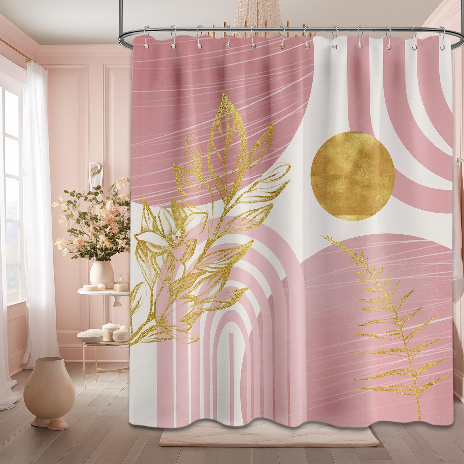 Mid Century Modern Black and Brown Shower Curtain Boho Beige and Dark Tan Gold Shower Curtains for Mens Bathroom Decor Sets, Waterproof Cloth Fabric with Hooks, 70x72in