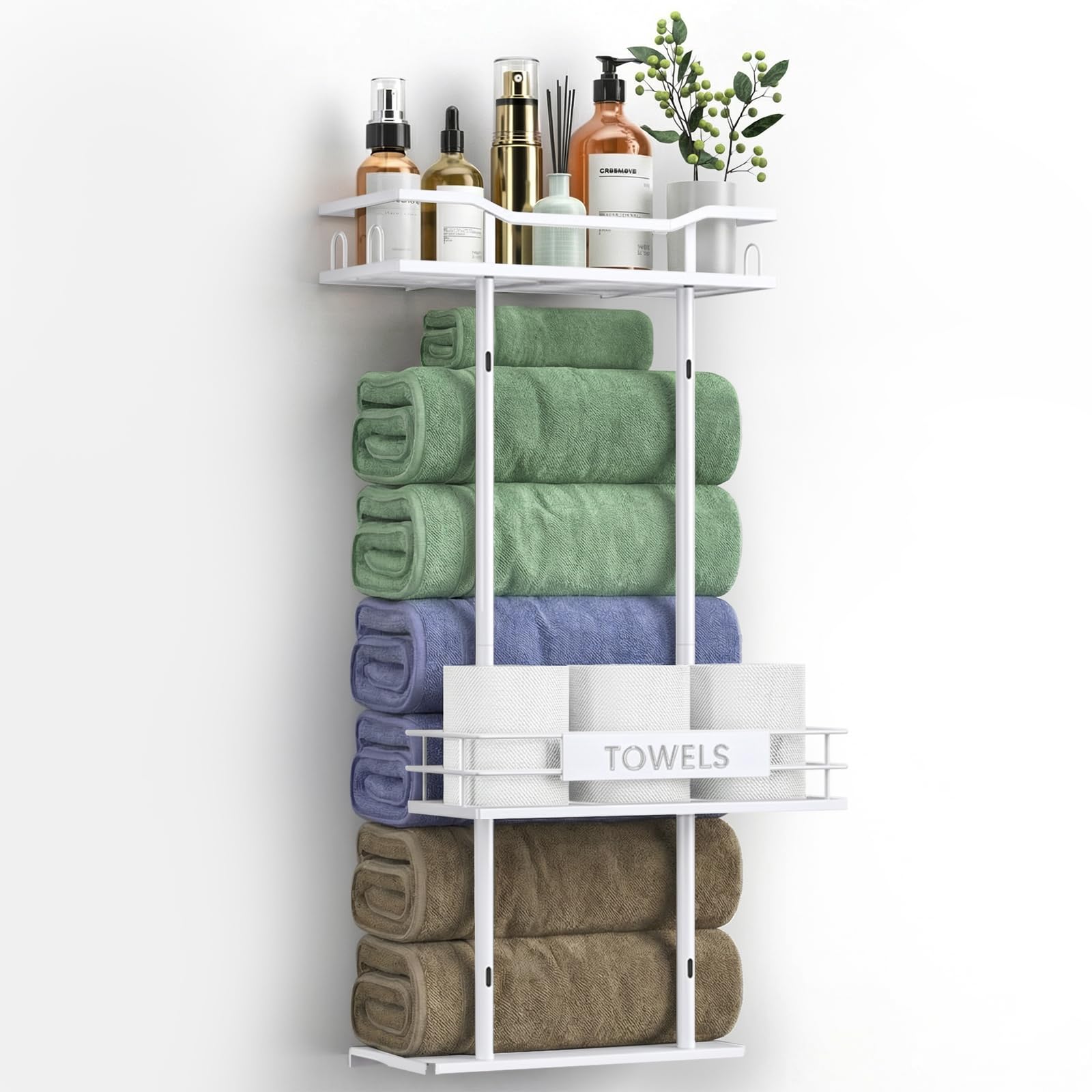 Towel Racks for Bathroom, 30inch Wall Mounted Towel Rack, Towel Storage for Small Bathroom Can Holds 6 Large Towels, Floating Shelf with Adjustable Tissue Basket(Black).