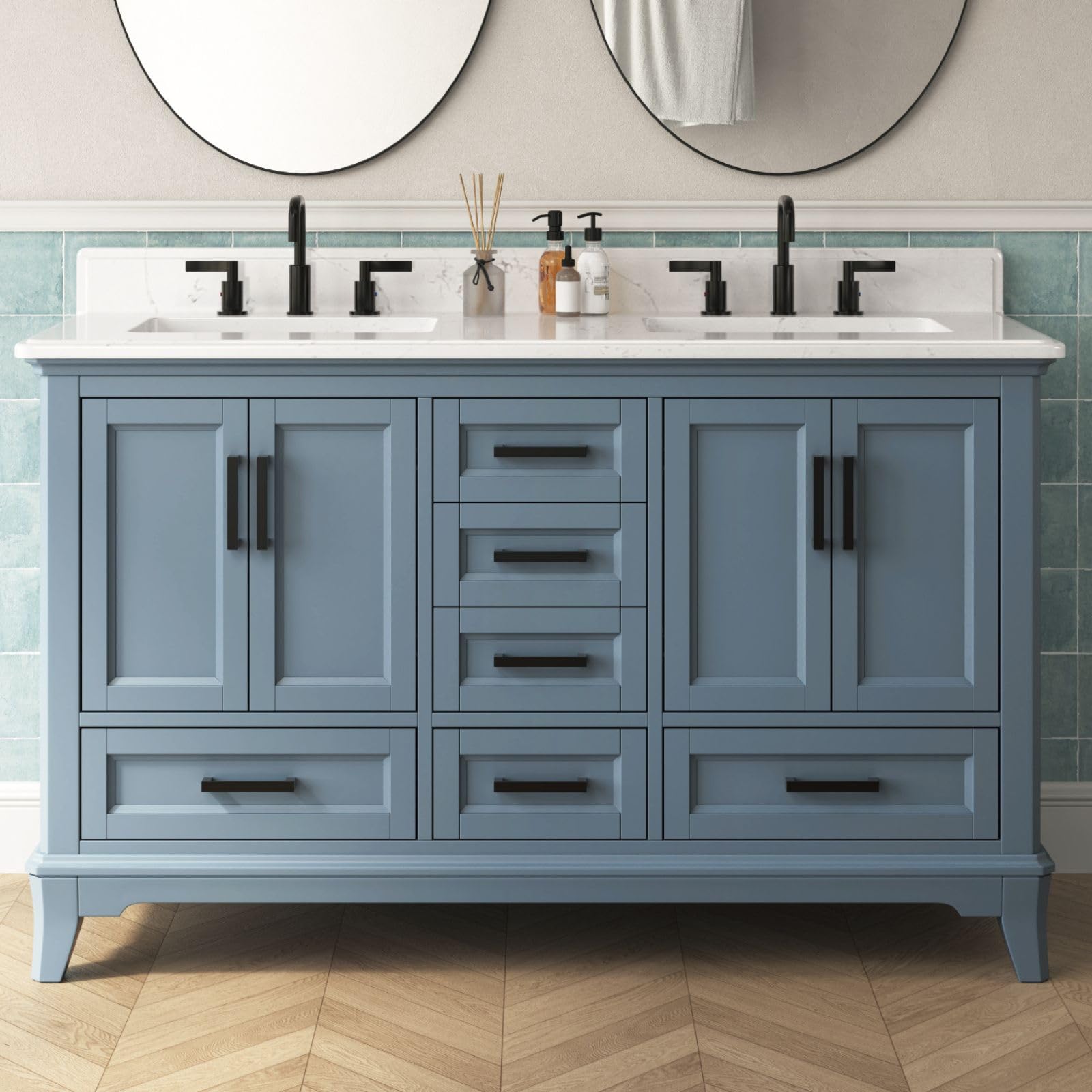 48 Inch Bathroom Vanity with Sink, Modern Steel Blue Bathroom Vanities with Soft Closing Doors & Dovetail Drawers, Quartz Countertop, No Assembly Required