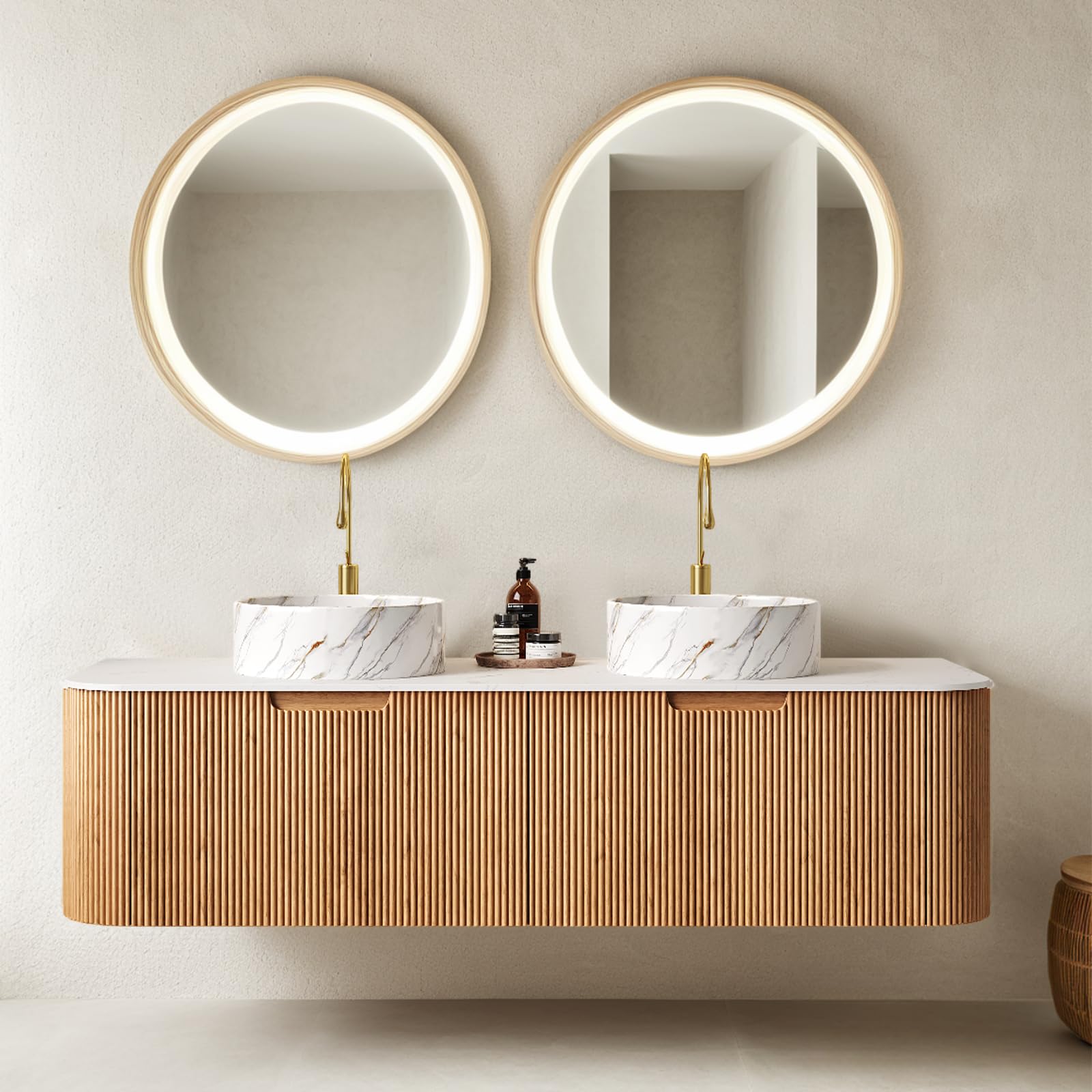 24-Inch Modern Bathroom Vanity with Sink, Floating Cabinet with Ultra-Thin Ceramic Basin and Marble Top, Extra Large Storage Drawer, Soft-Close Design, Nature Wood