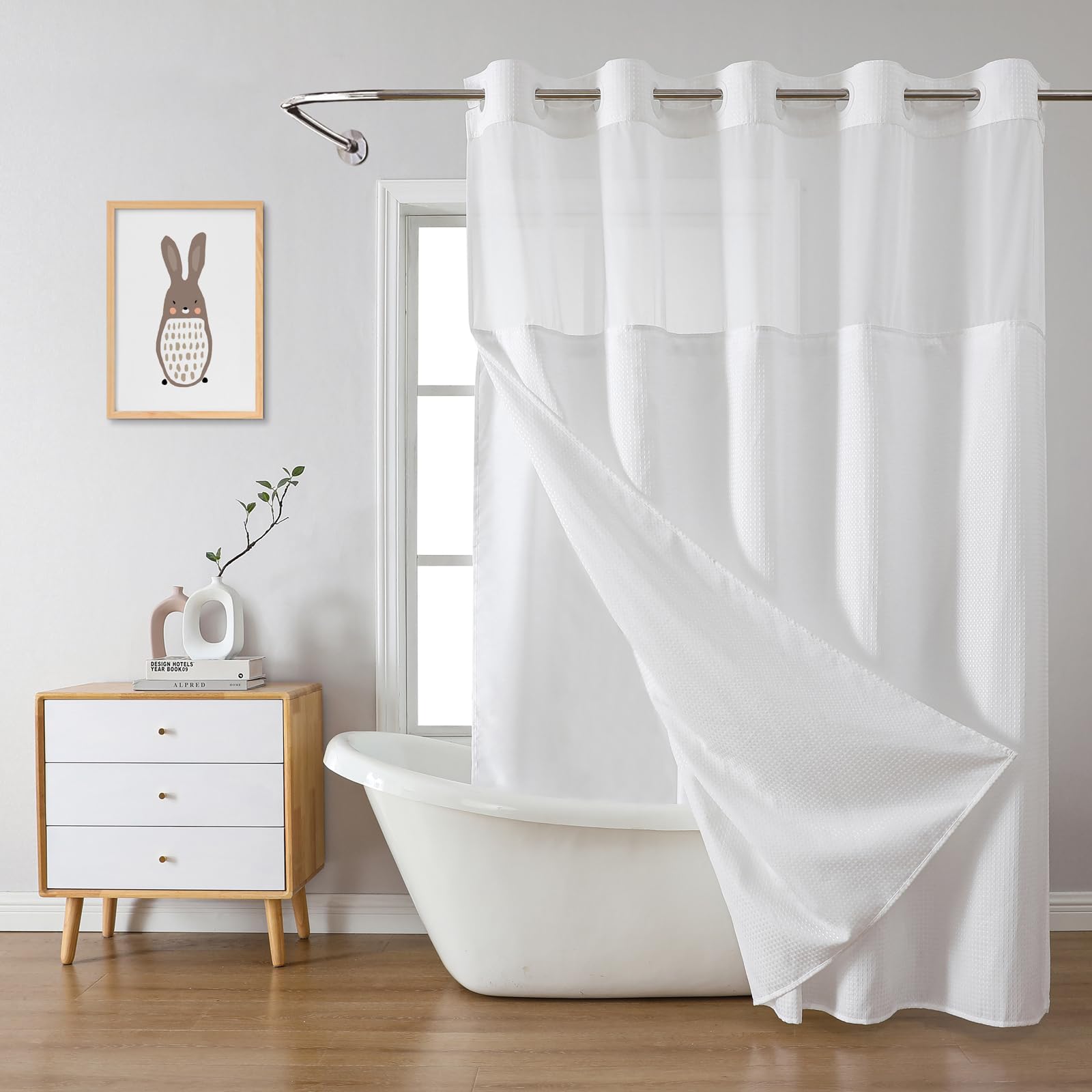 eachope BurntOrange Extra Long No Hook Waffle Weave Shower Curtain with snap-in Liner Replacement, 230GSM Waterproof Fabric Hotel Shower Curtain Set for Bathroom, Through Mesh Top Window,71Wx86H