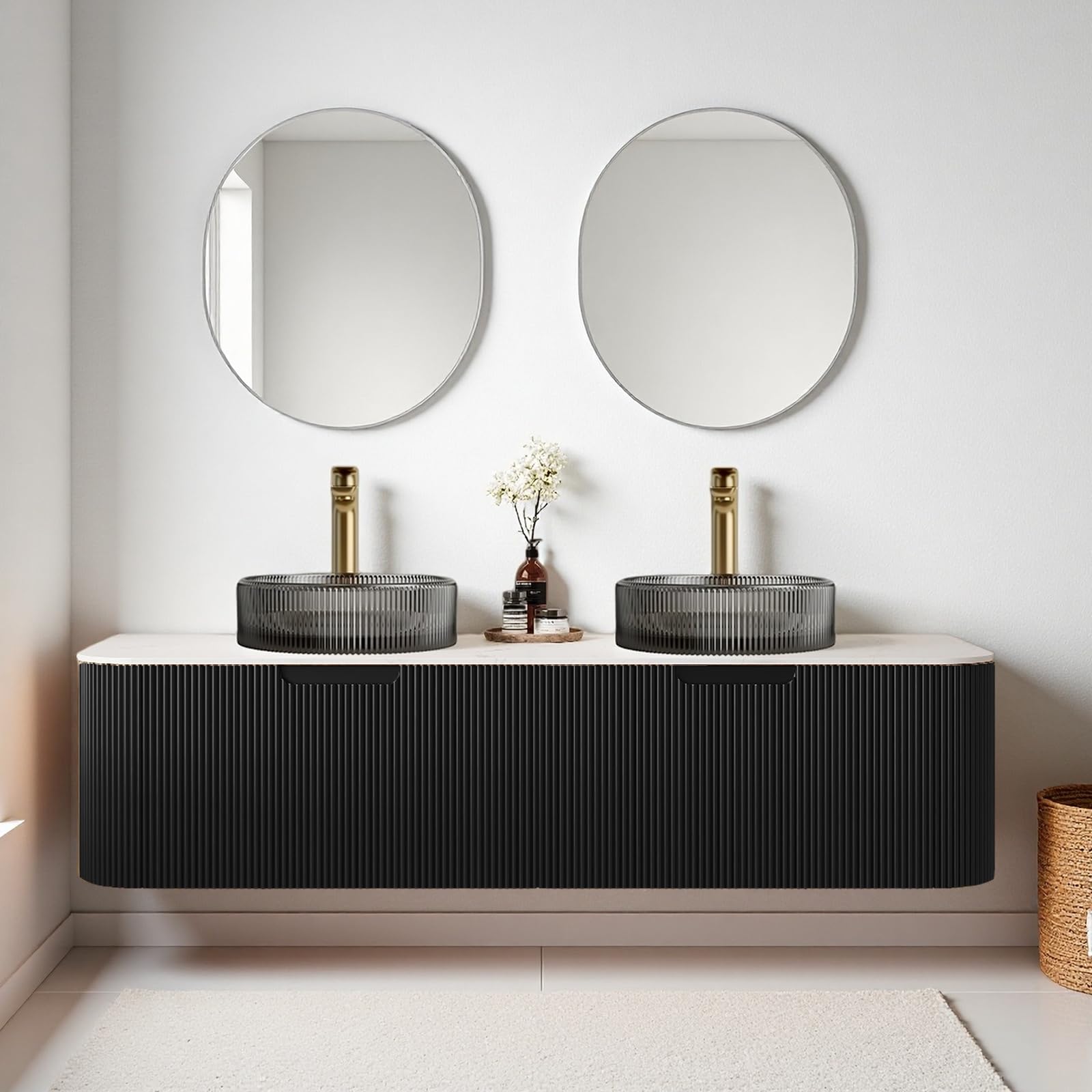 24-Inch Modern Bathroom Vanity with Sink, Floating Cabinet with Ultra-Thin Ceramic Basin and Marble Top, Extra Large Storage Drawer, Soft-Close Design, Nature Wood