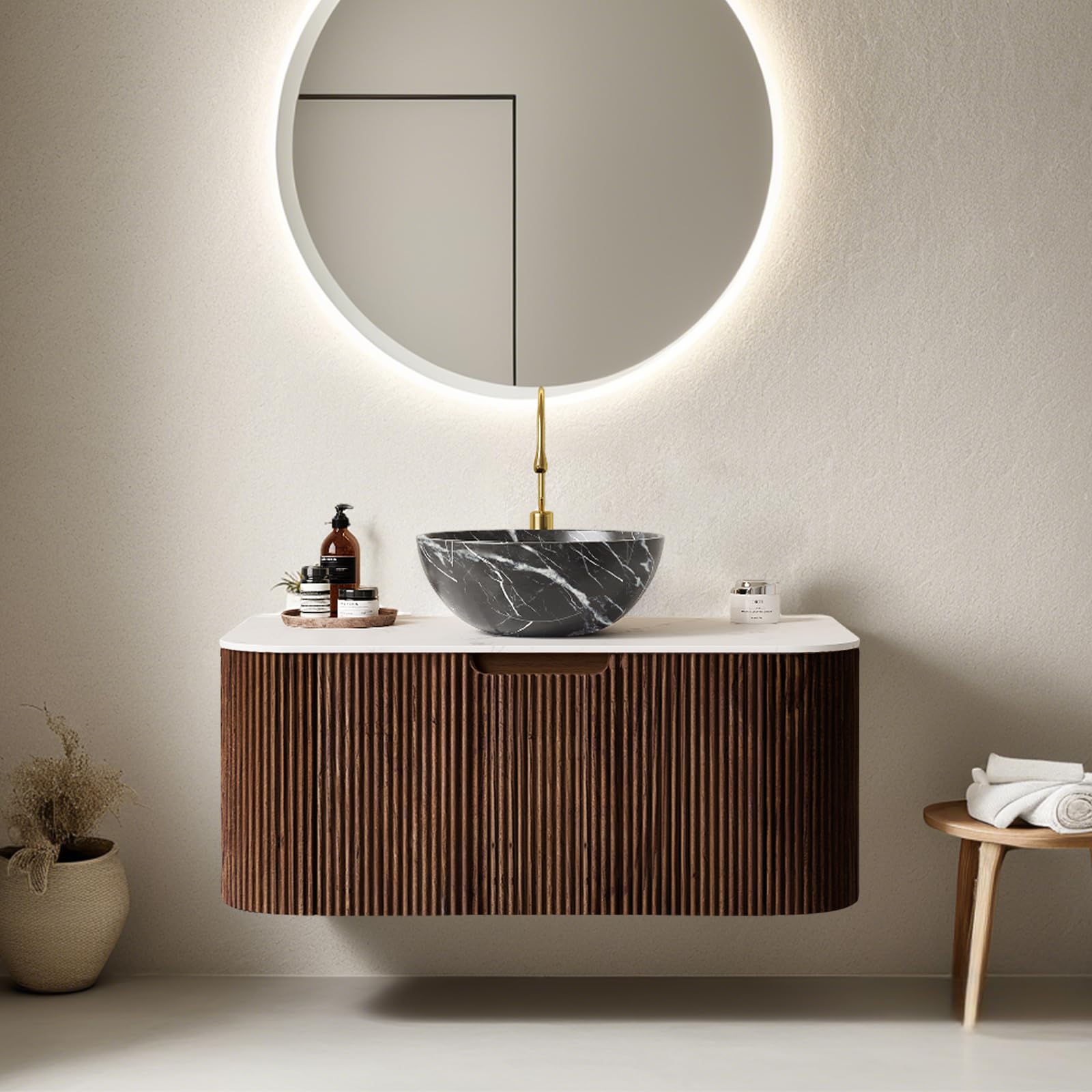 24-Inch Modern Bathroom Vanity with Sink, Floating Cabinet with Ultra-Thin Ceramic Basin and Marble Top, Extra Large Storage Drawer, Soft-Close Design, Nature Wood