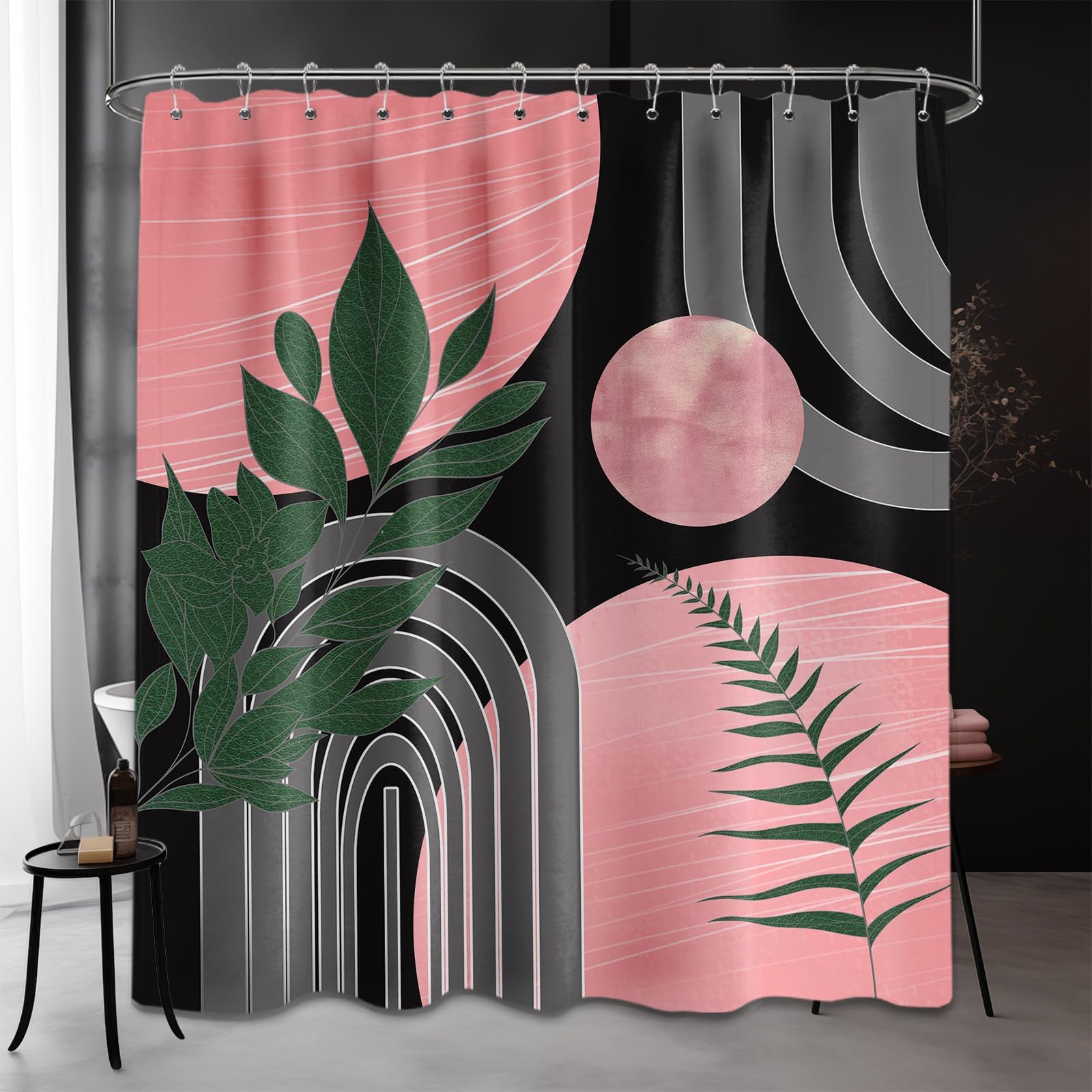Mid Century Modern Black and Brown Shower Curtain Boho Beige and Dark Tan Gold Shower Curtains for Mens Bathroom Decor Sets, Waterproof Cloth Fabric with Hooks, 70x72in