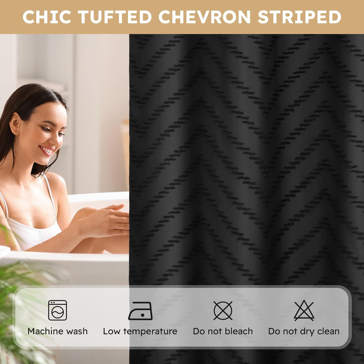 FADOTY No Hook Shower Curtain and Liner Set, Black Snap in Shower Curtain Ringless Chevron Tufted Cloth Waterproof Washable Fabric Bath Curtain with See Through Top Window for Bathroom Hotel 71" x 74"