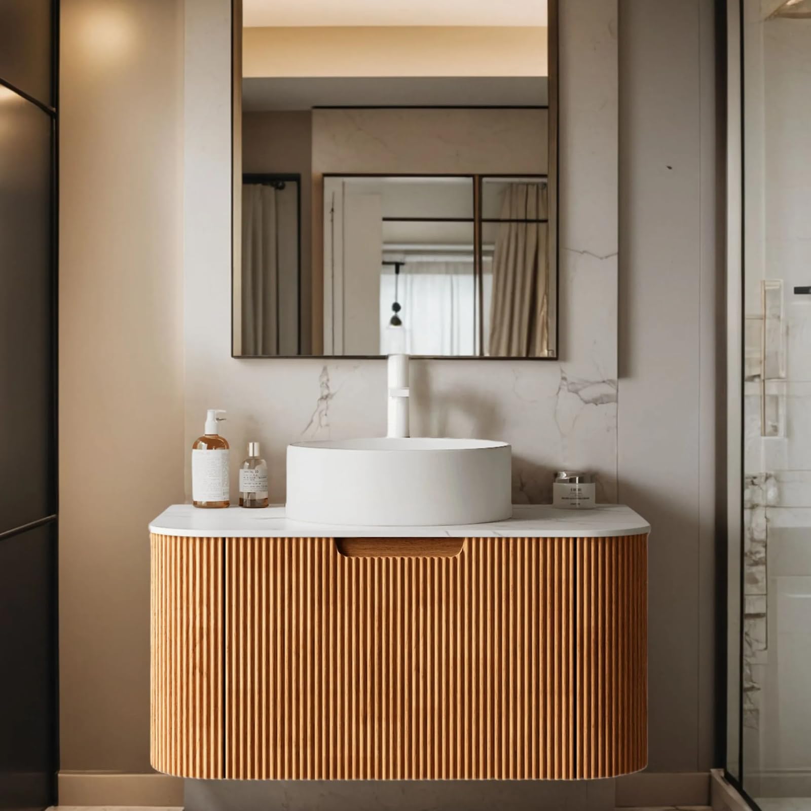 24-Inch Modern Bathroom Vanity with Sink, Floating Cabinet with Ultra-Thin Ceramic Basin and Marble Top, Extra Large Storage Drawer, Soft-Close Design, Nature Wood