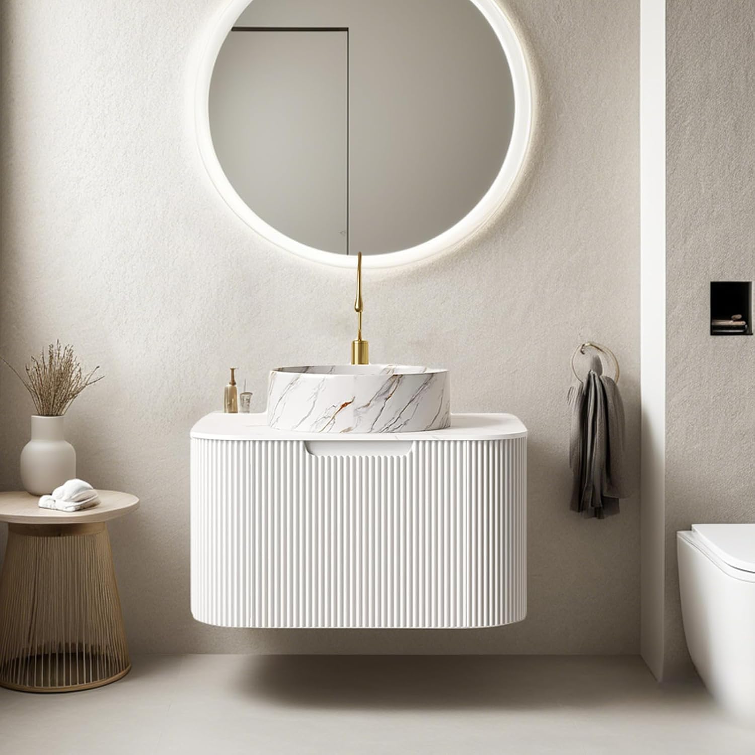 24-Inch Modern Bathroom Vanity with Sink, Floating Cabinet with Ultra-Thin Ceramic Basin and Marble Top, Extra Large Storage Drawer, Soft-Close Design, Nature Wood