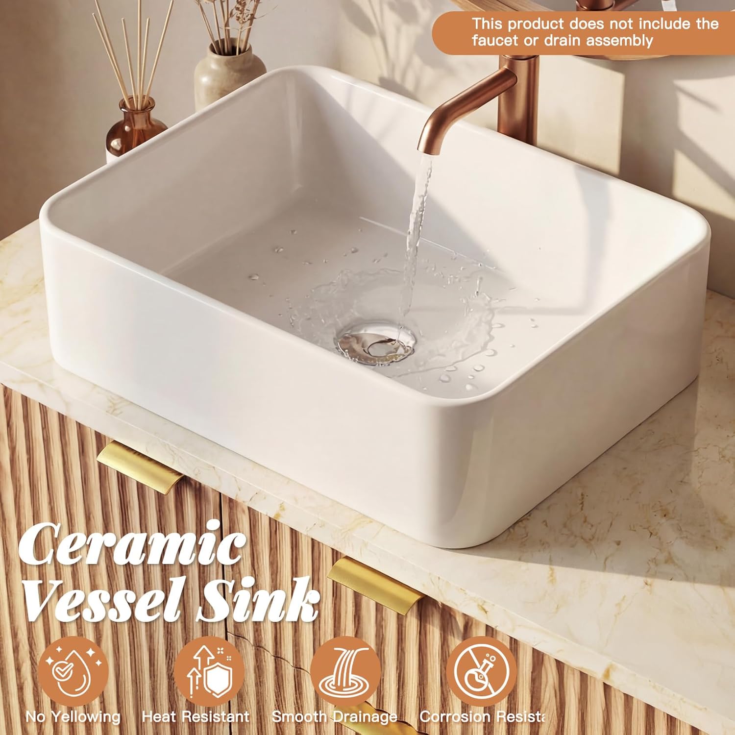Concho 55'' Fluted Bathroom Vanity with Double Ceramic Sink, Modern Bathroom Sink Storage Cabinet with Wood Marble Top & 4 Spacious Drawers, Freestanding Bathroom Vanity Cabinet, Natural Oak