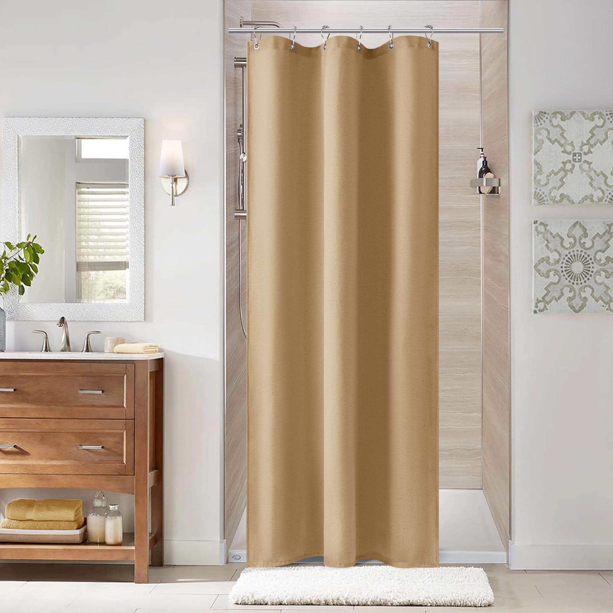 Naturoom Natural Linen Shower Curtain, Country Boho Farmhouse Bath Decor Beige Shower Curtains for Bathroom Neutral Cloth Weighted Textured Fabric Bath Curtain Liner with Hooks, Cream, 72 Inch