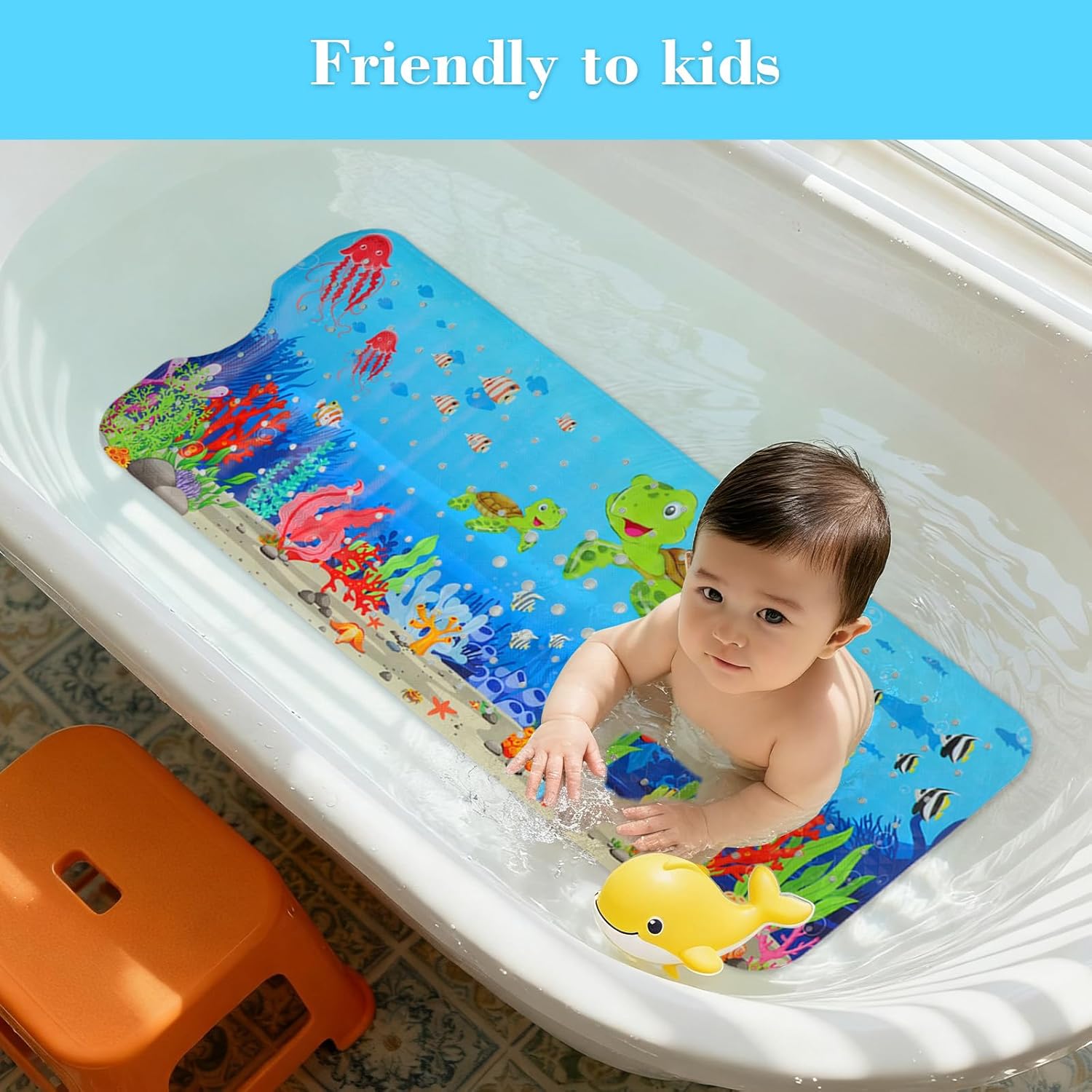 Secopad Bath Mat for Tub Non Slip, Machine Washable Anti-Slip Cartoon Baby Bathtub Shower Mat with Drain Holes and Suction Cups for Toddler & Kids (40 Inch x 16 Inch-Rectangular, Turtles)