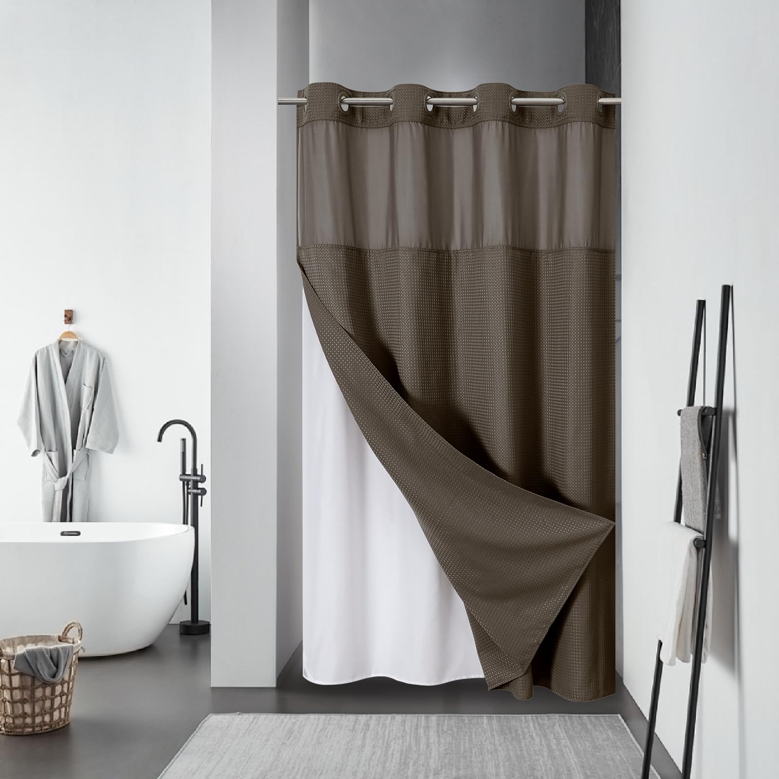 eachope BurntOrange Extra Long No Hook Waffle Weave Shower Curtain with snap-in Liner Replacement, 230GSM Waterproof Fabric Hotel Shower Curtain Set for Bathroom, Through Mesh Top Window,71Wx86H
