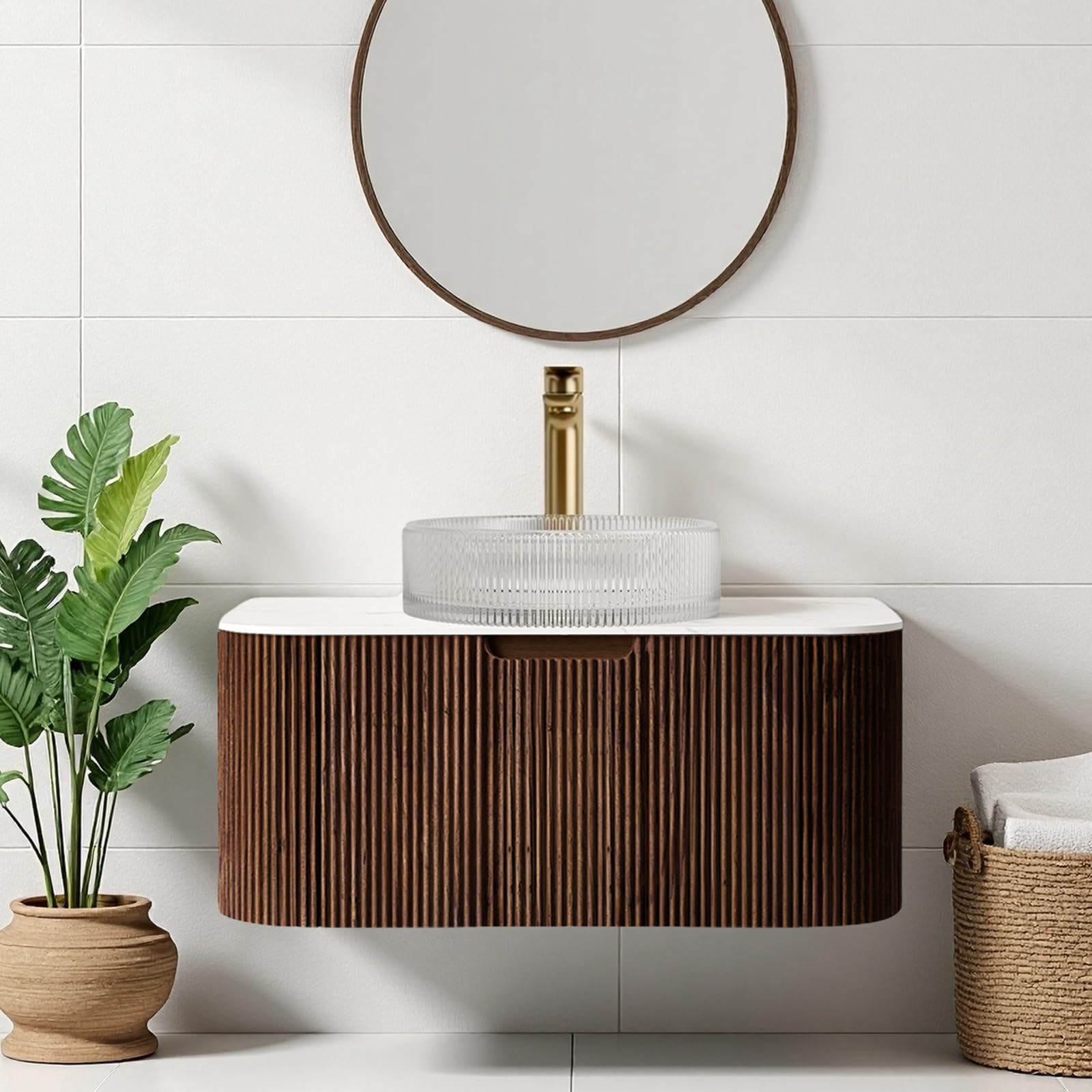 24-Inch Modern Bathroom Vanity with Sink, Floating Cabinet with Ultra-Thin Ceramic Basin and Marble Top, Extra Large Storage Drawer, Soft-Close Design, Nature Wood