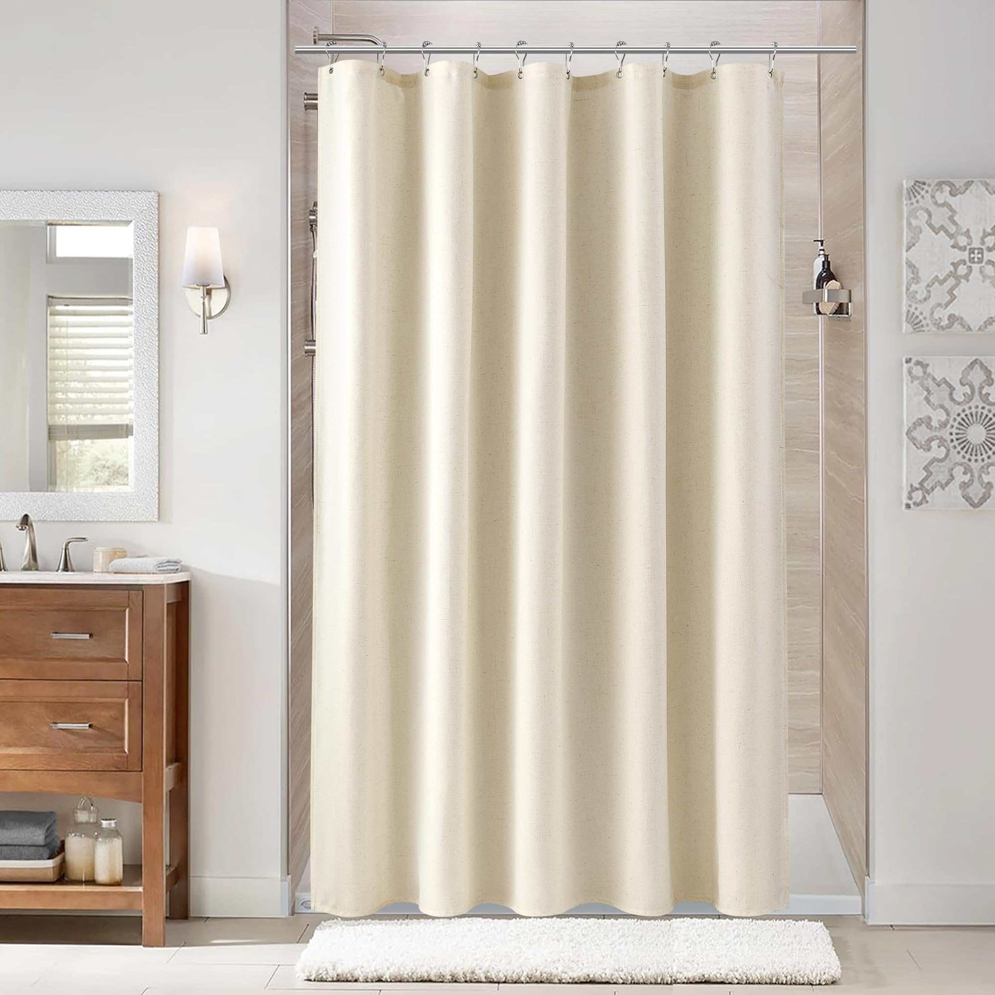 Naturoom Natural Linen Shower Curtain, Country Boho Farmhouse Bath Decor Beige Shower Curtains for Bathroom Neutral Cloth Weighted Textured Fabric Bath Curtain Liner with Hooks, Cream, 72 Inch