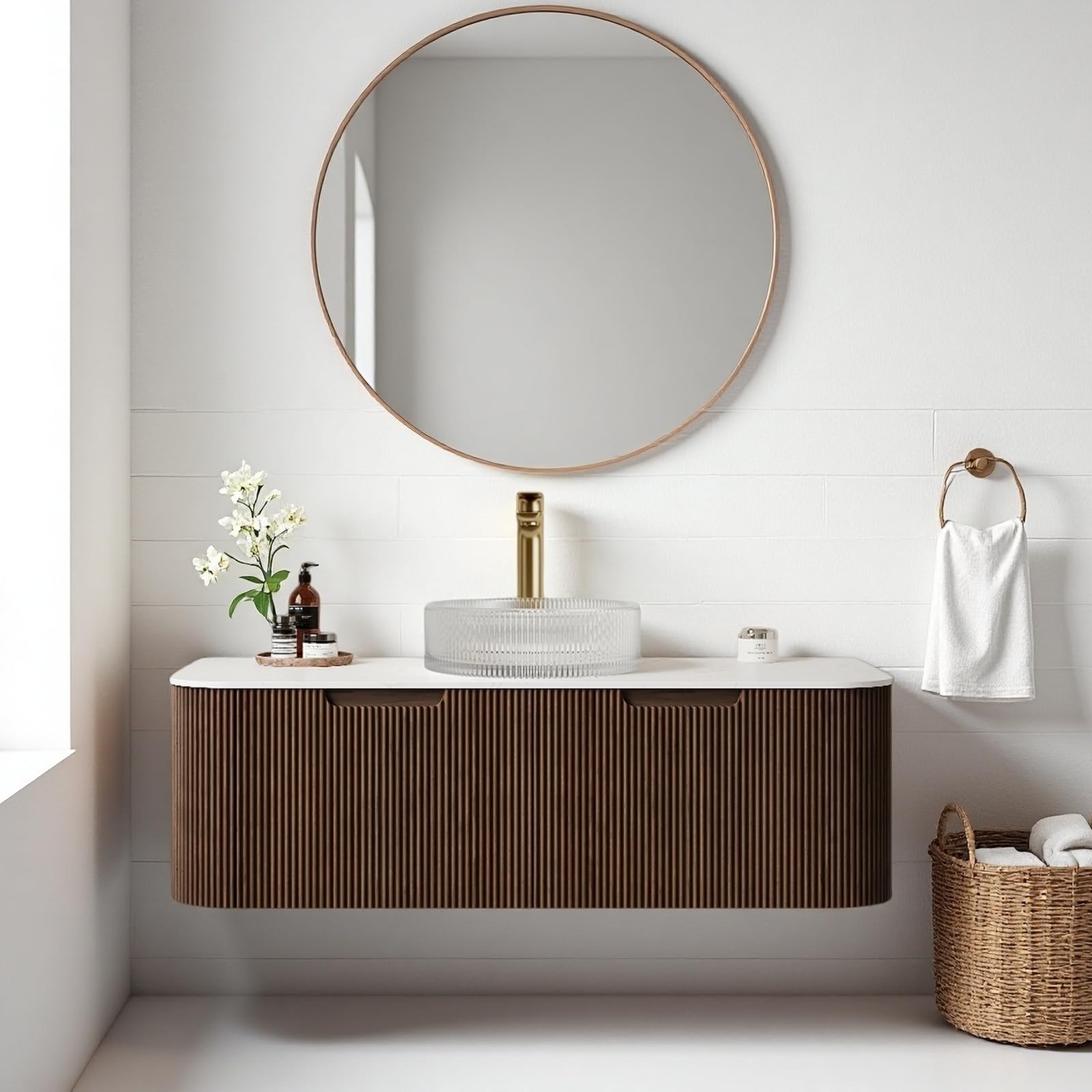 24-Inch Modern Bathroom Vanity with Sink, Floating Cabinet with Ultra-Thin Ceramic Basin and Marble Top, Extra Large Storage Drawer, Soft-Close Design, Nature Wood