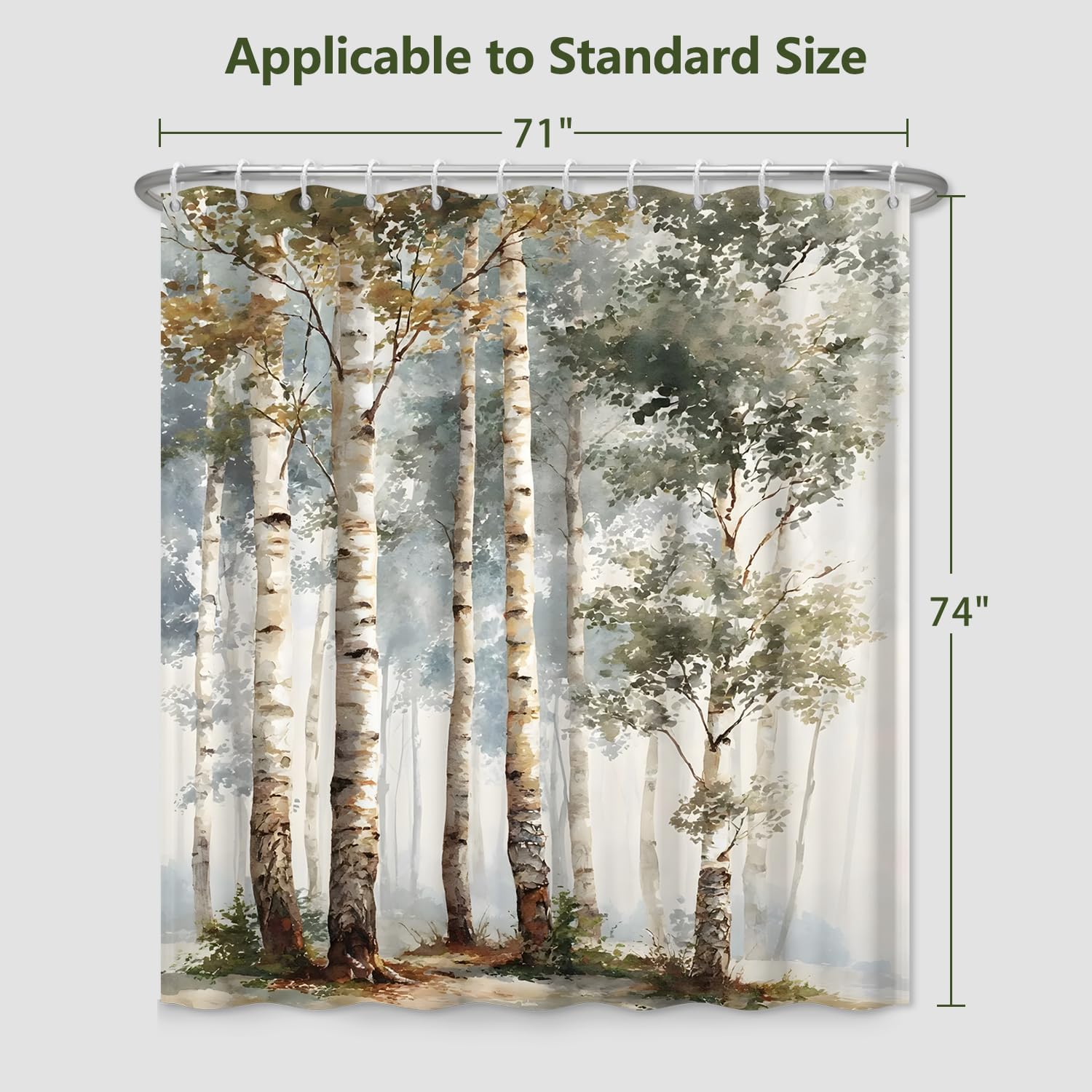 Birch Tree Shower Curtain 71x74 Inch – Woodland Forest Watercolor Landscape Print Waterproof Bathroom Curtain with Rust-Proof Hooks for Farmhouse Rustic Scandinavian Bath Decor