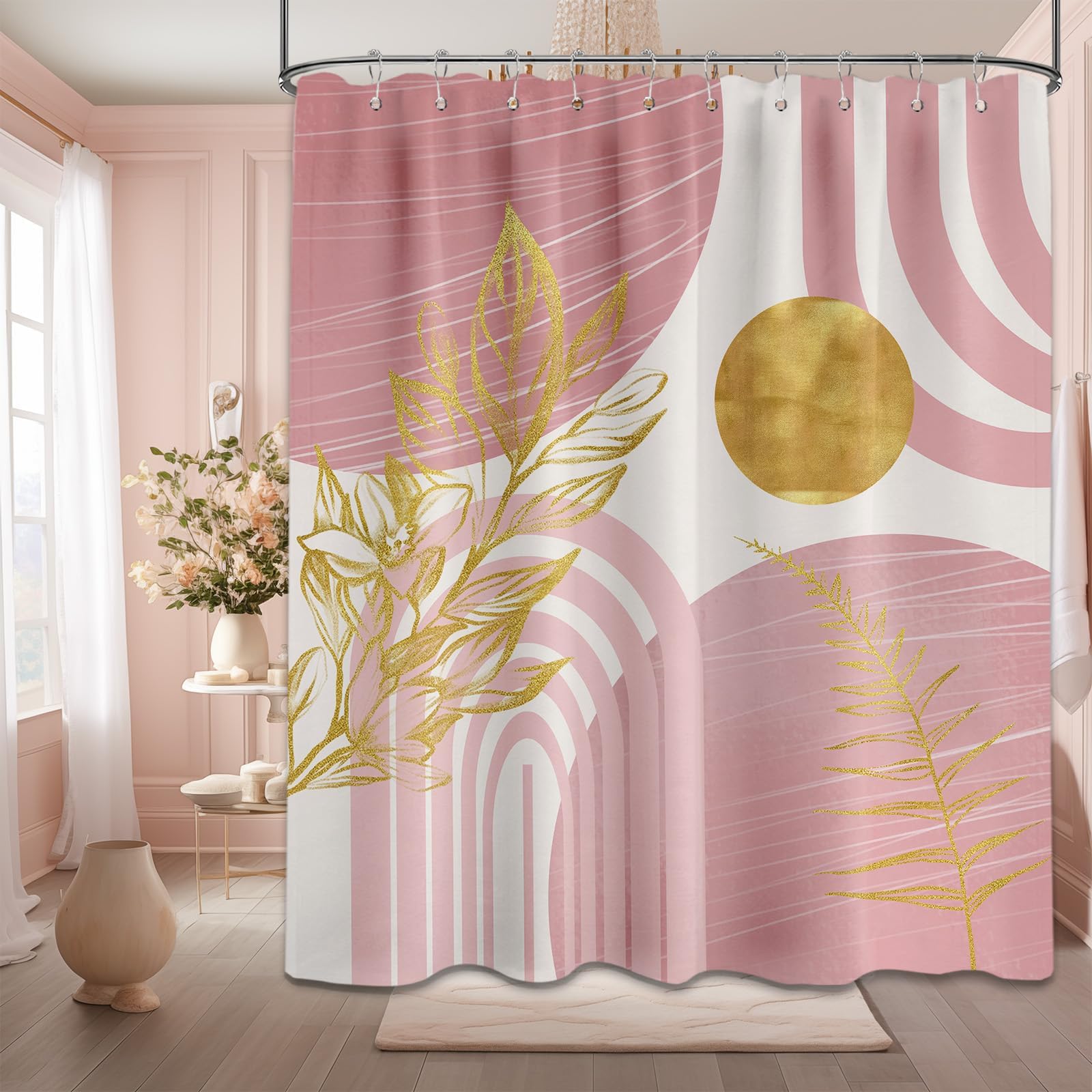 Mid Century Modern Black and Brown Shower Curtain Boho Beige and Dark Tan Gold Shower Curtains for Mens Bathroom Decor Sets, Waterproof Cloth Fabric with Hooks, 70x72in