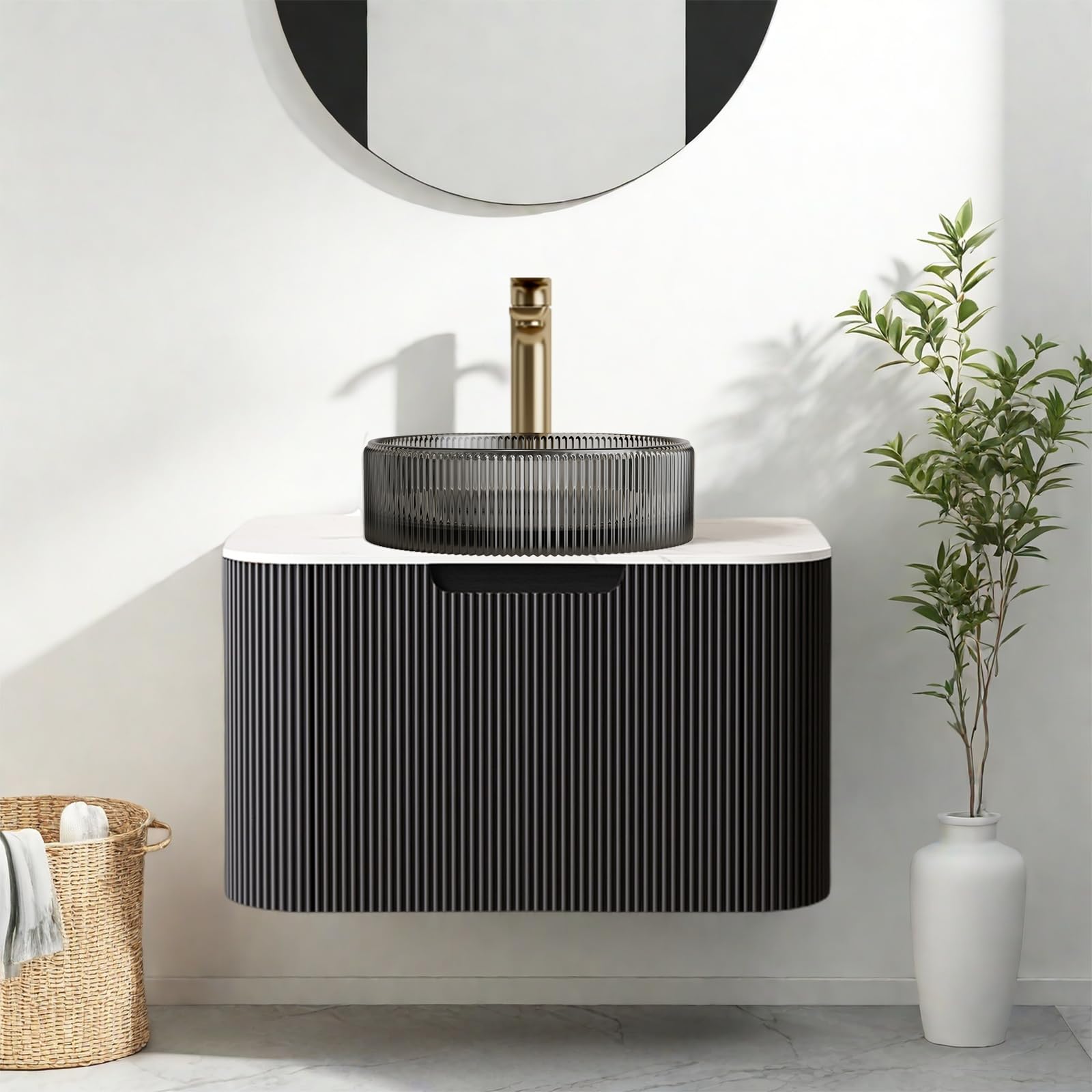 24-Inch Modern Bathroom Vanity with Sink, Floating Cabinet with Ultra-Thin Ceramic Basin and Marble Top, Extra Large Storage Drawer, Soft-Close Design, Nature Wood