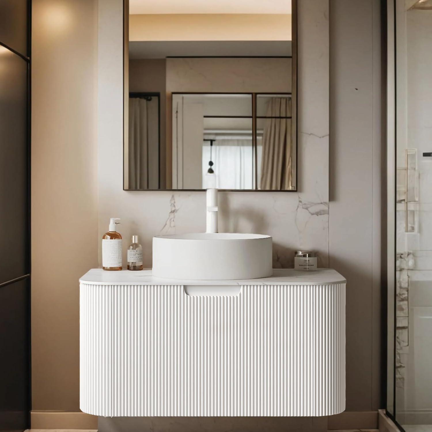 24-Inch Modern Bathroom Vanity with Sink, Floating Cabinet with Ultra-Thin Ceramic Basin and Marble Top, Extra Large Storage Drawer, Soft-Close Design, Nature Wood