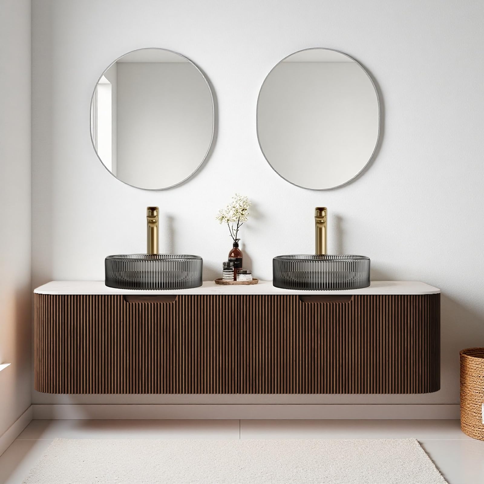 24-Inch Modern Bathroom Vanity with Sink, Floating Cabinet with Ultra-Thin Ceramic Basin and Marble Top, Extra Large Storage Drawer, Soft-Close Design, Nature Wood